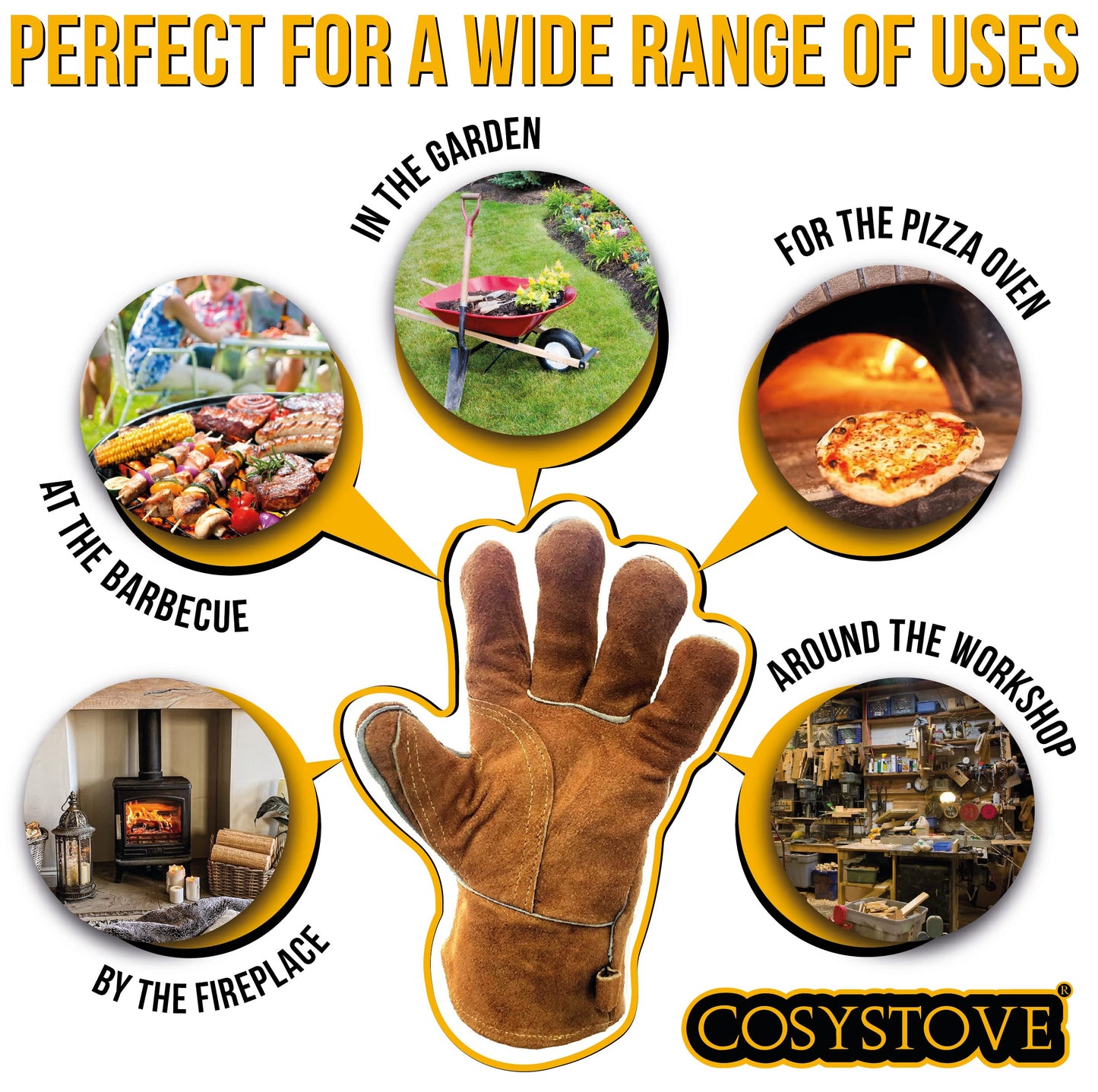 Cosystove Genuine Full Leather Heavy Duty Heat Resistant Gloves for Woodburner, Multi-Fuel Stoves Heavy Duty Safety Gauntlet Also for BBQs Pizza Ovens
