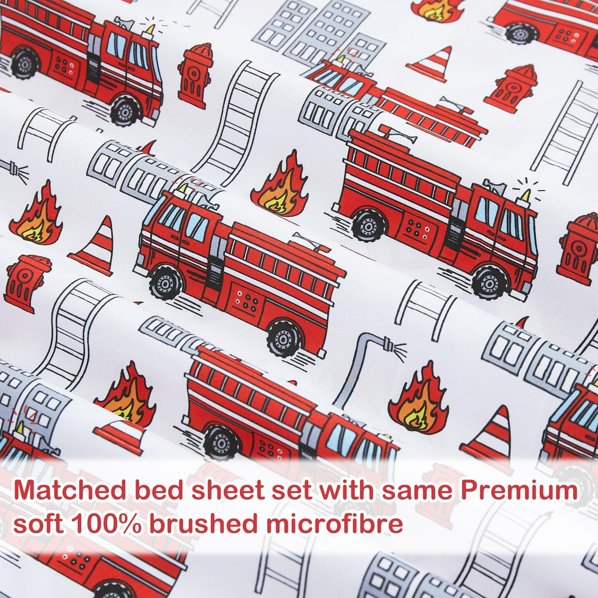 Softan Kids Bed Sheet Set, Boys Twin Size Sheets, Microfiber Kids Fitted Sheet and Pillowcase, Breathable and Silky Soft, 3 Piece Fire Engines Printed Twin Bed Sheet