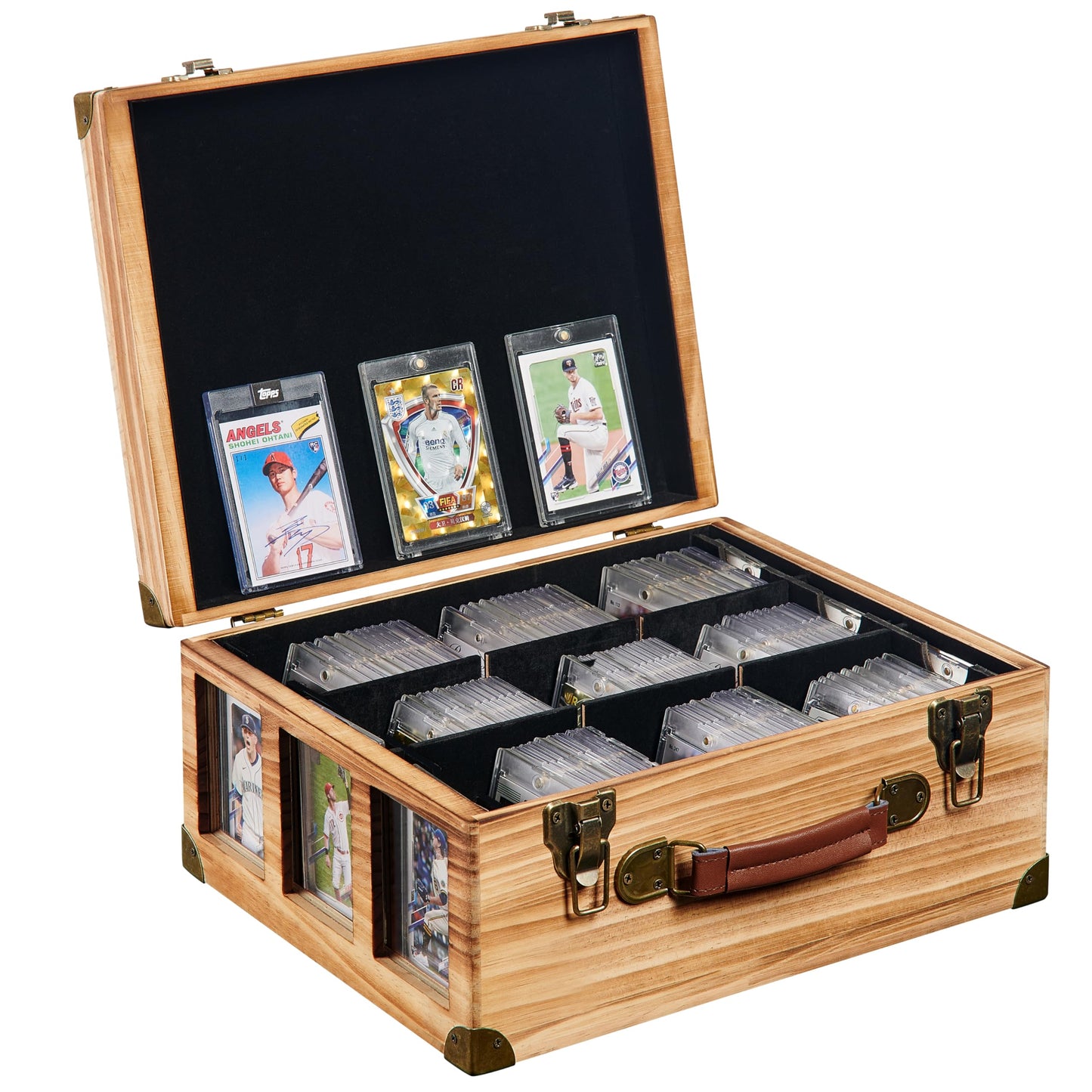 Poyilooo Graded Card Storage Box with Display Window, Wood Card Case for 140+ Cards PSA BGS FGS & SGC, Sports Cards Trading Cards, Graded Card Slab Carrying Case, Christmas Gifts (Carbonized Brown)