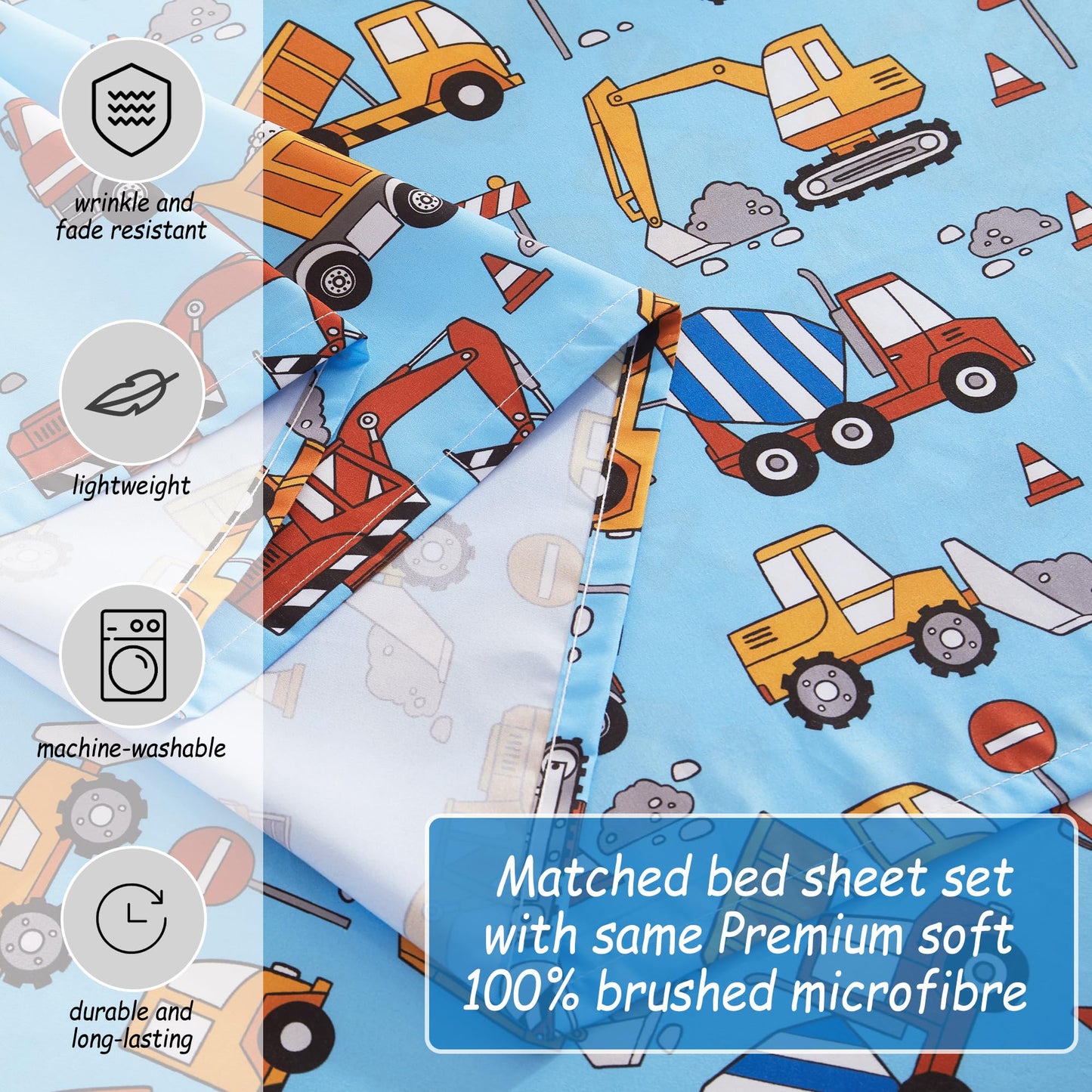 Softan Kids Bed Sheet Set, 3-Piece Twin Sheets Set, Microfiber Fitted Sheet with Corner Straps, Breathable & Silky Soft Blue Heavy Duty Vehicle Pattern Sheet and Pillowcase Sets
