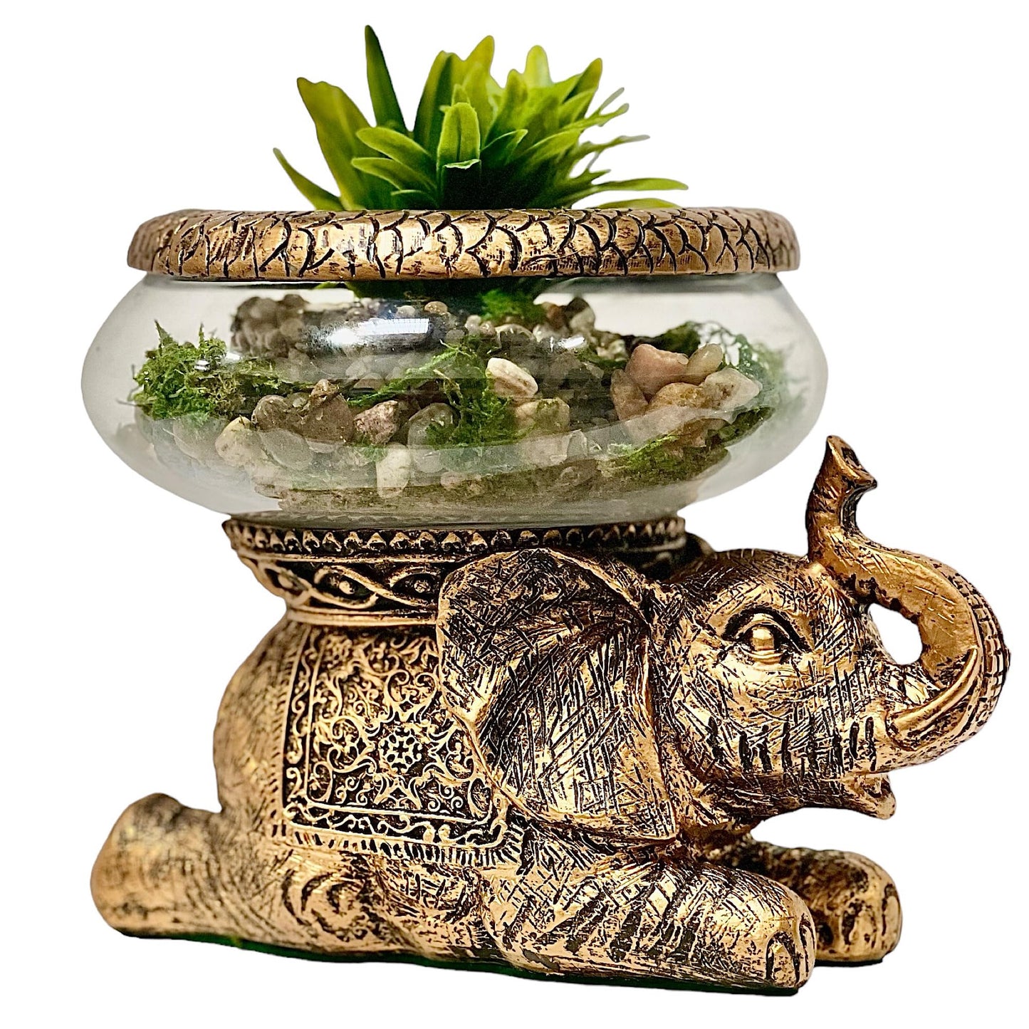 The Nifty Nook Good Luck Elephant Glass Bowl Gold Antiqued Polyresin Decorative Figurine with Removable Glass Bowl Terrarium, Candle Holder, or Tabletop Aquarium Home Decor with Gift Box
