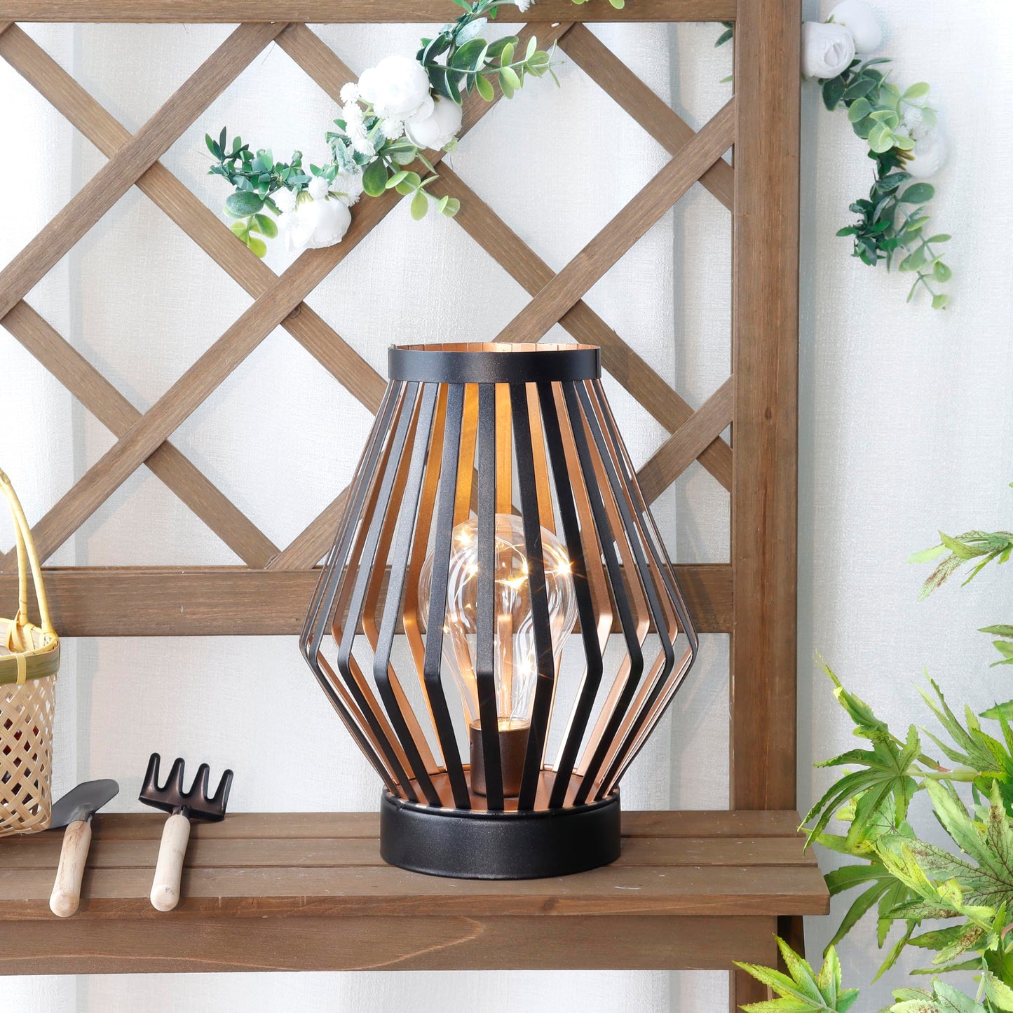 JHY DESIGN 8.5“H Metal Cage LED Lantern Battery Powered Cordless Accent Light with LED Edison Style Bulb Great for Weddings Parties Patio Events Gifts for Indoors Outdoors