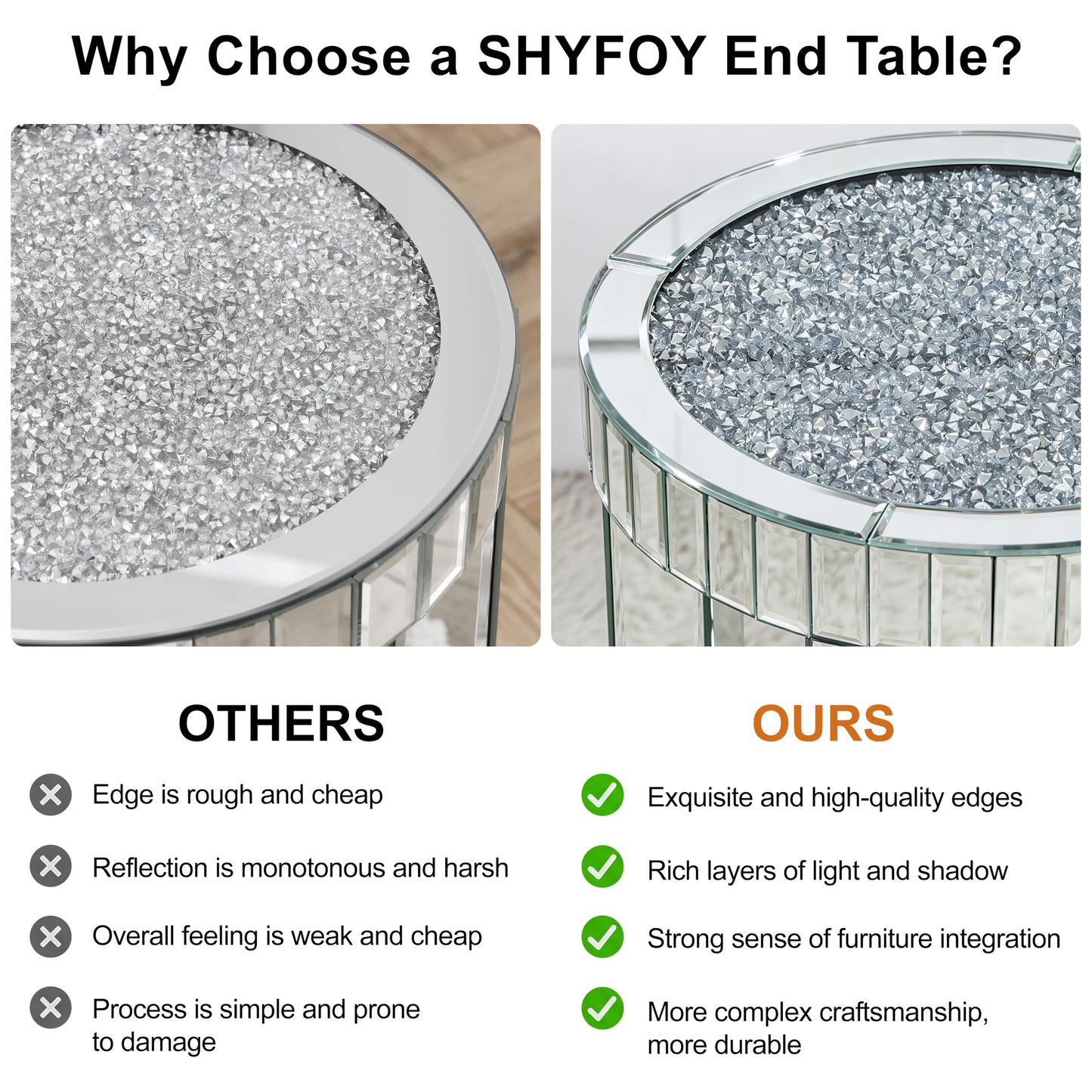 SHYFOY Mirrored Round End Table with Crystals Inlay, 2-Tier Modern Glass Small Sofa Table with Storage, Silver Accent Table for Living Room, Bedroom and Small Spaces