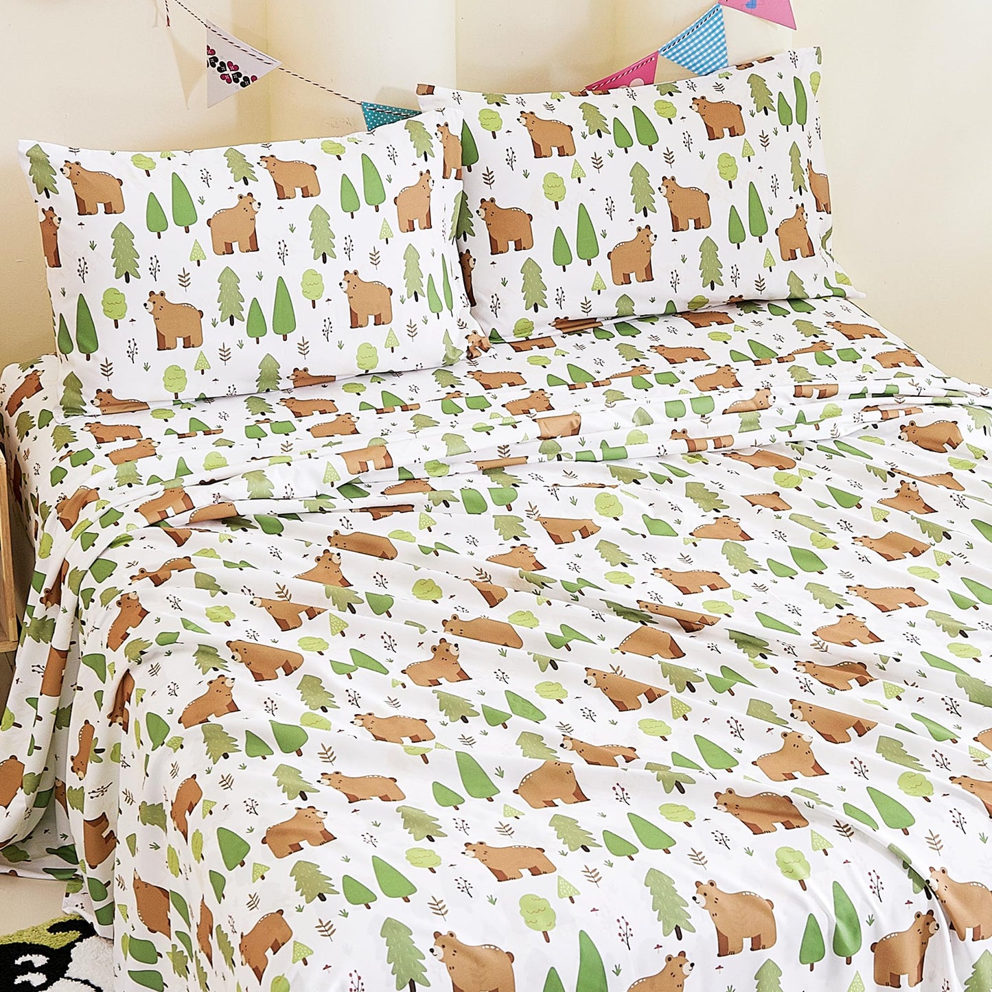 CozySmile Twin Sheet Set Kids,3 Pieces Breathable Soft Microfiber Bedsheets for Child Boys, Oeko-TEX, Anti Pilling Deep Pockets Easy Care Bed Sheets, Forest Bear
