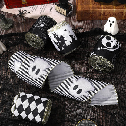 JarThenaAMCS 5 Roll Halloween Wired Edge Ribbon - 2.5 Inch, 30 Yards Ghost Skeleton Spider Web - White & Black Spooky Gift Wrap Ribbon for Bow, Wreath, Craft & Party Decor