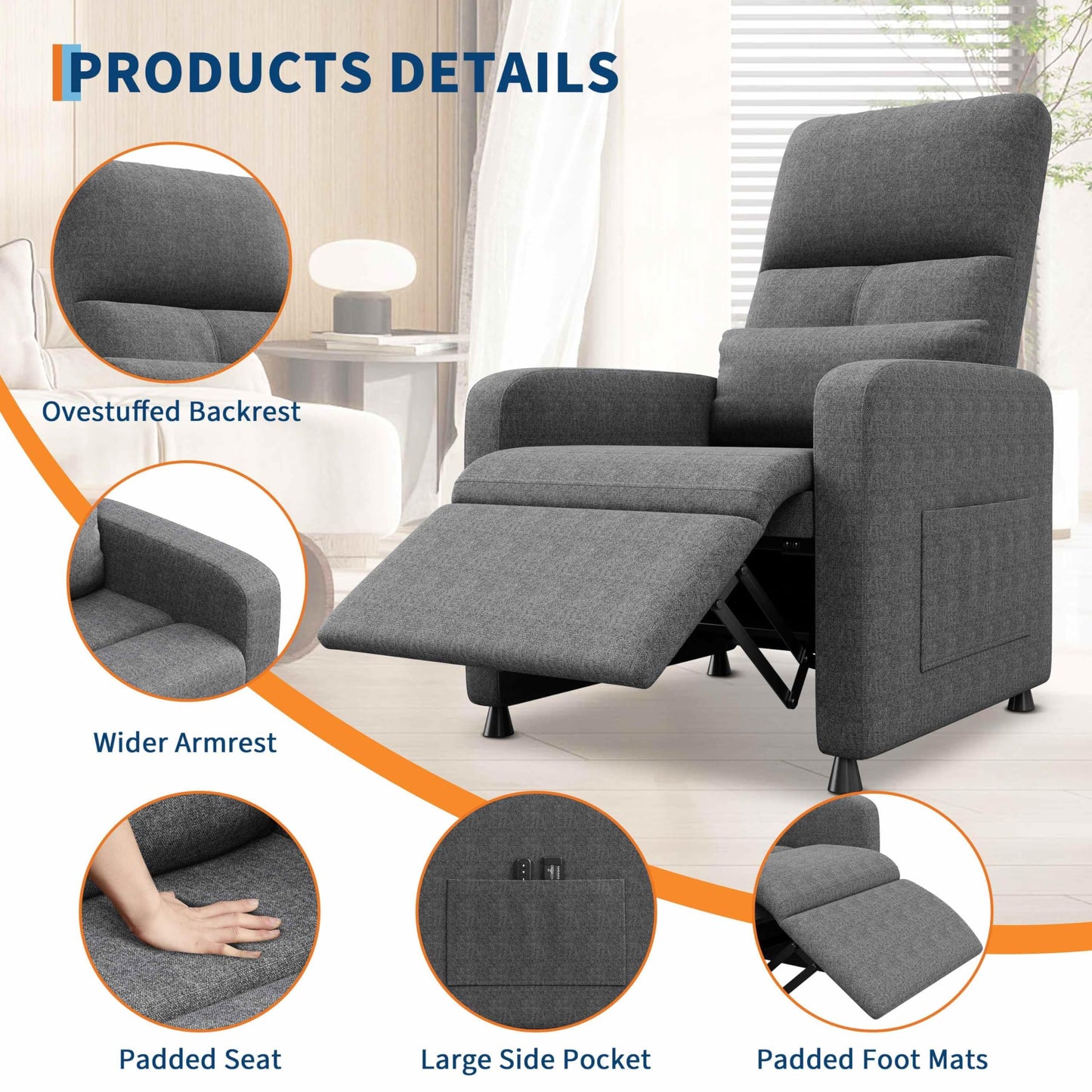 Power Recliner Chair, Adjustable Electric Reclining Chair for Adults, Overstuffed Tall Back Sofa with Padded Seat, 2 Side Pockets & USB Port, Home Theater Seating for Living Room - Gray