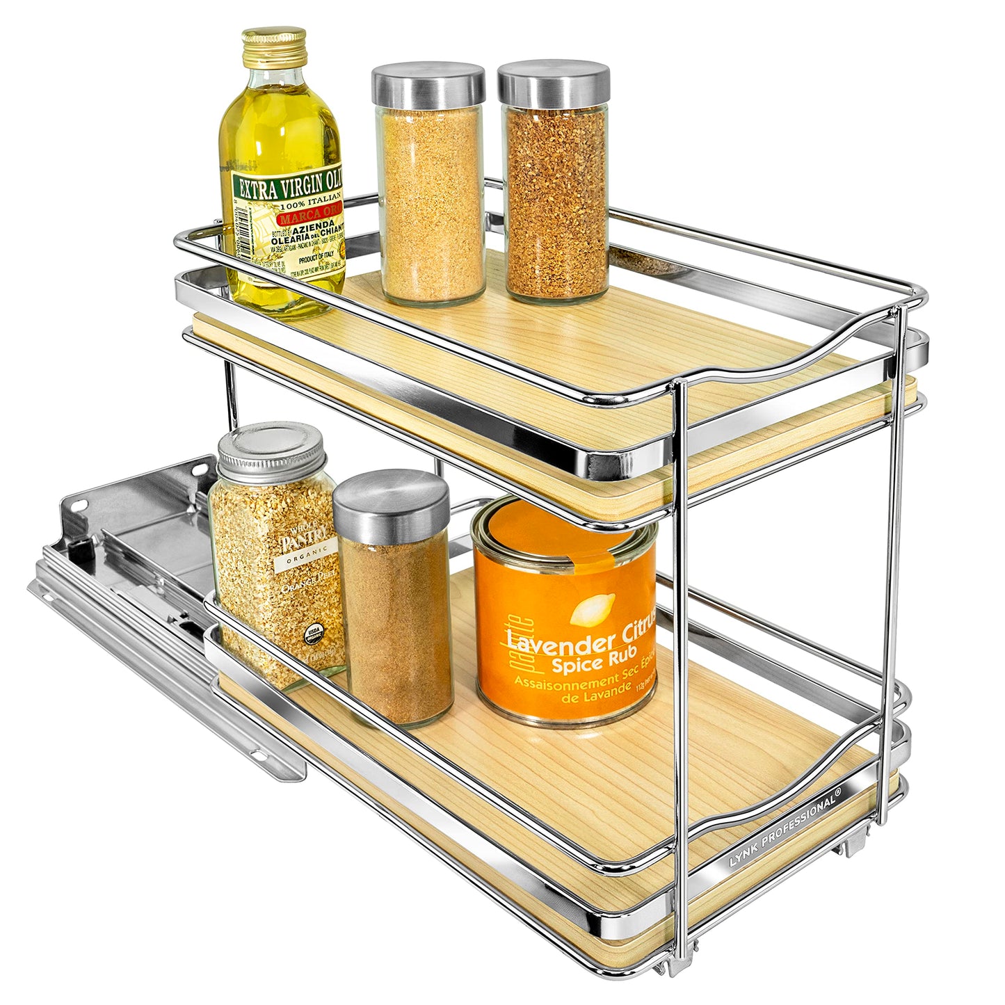 LYNK PROFESSIONAL® Pull Out Spice Rack Organizer for Inside Kitchen Cabinets - 4-1/4 inch Wide - Slide Out Drawer – Chrome Sliding Spice Cabinet Organization Shelf Racks - 2 Tier