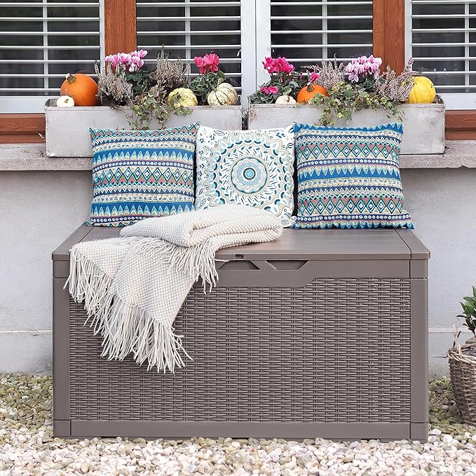 Flamaker Outdoor Storage Box 100 Gallon Waterproof Resin Deck Box Delivery Box with Air Rod Indoor Outdoor Lockable Storage Bench for Patio Cushions, Tools, Pool Accessories (Brown)