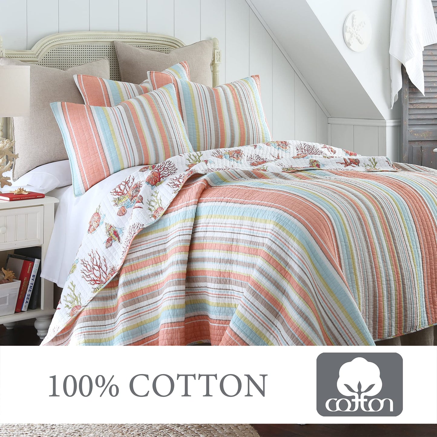 Levtex Home Brighton Coral King Cotton Quilt Set Stripe Coastal