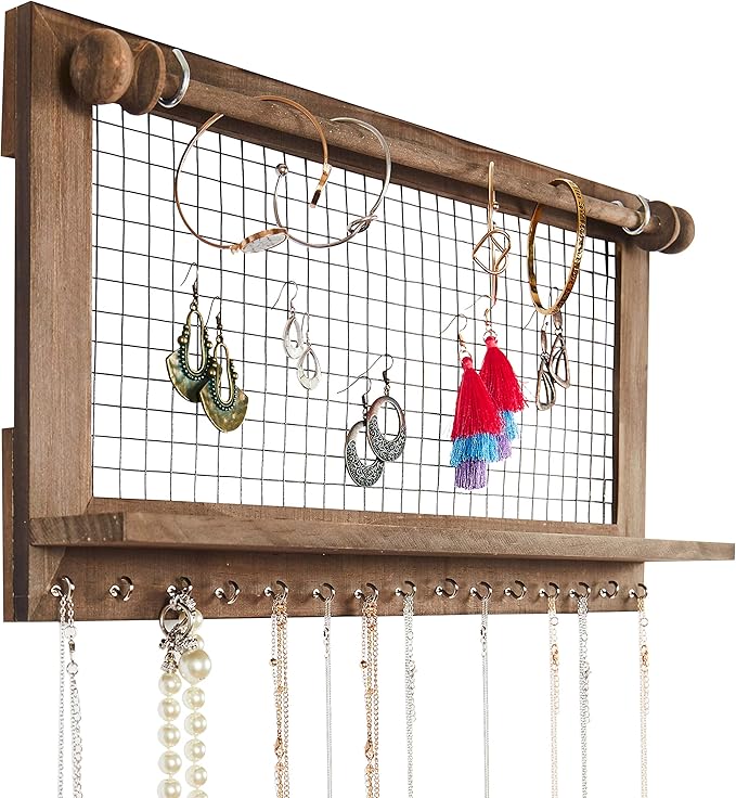 Rustic Jewelry Organizer with Bracelet Rod Wall Mounted