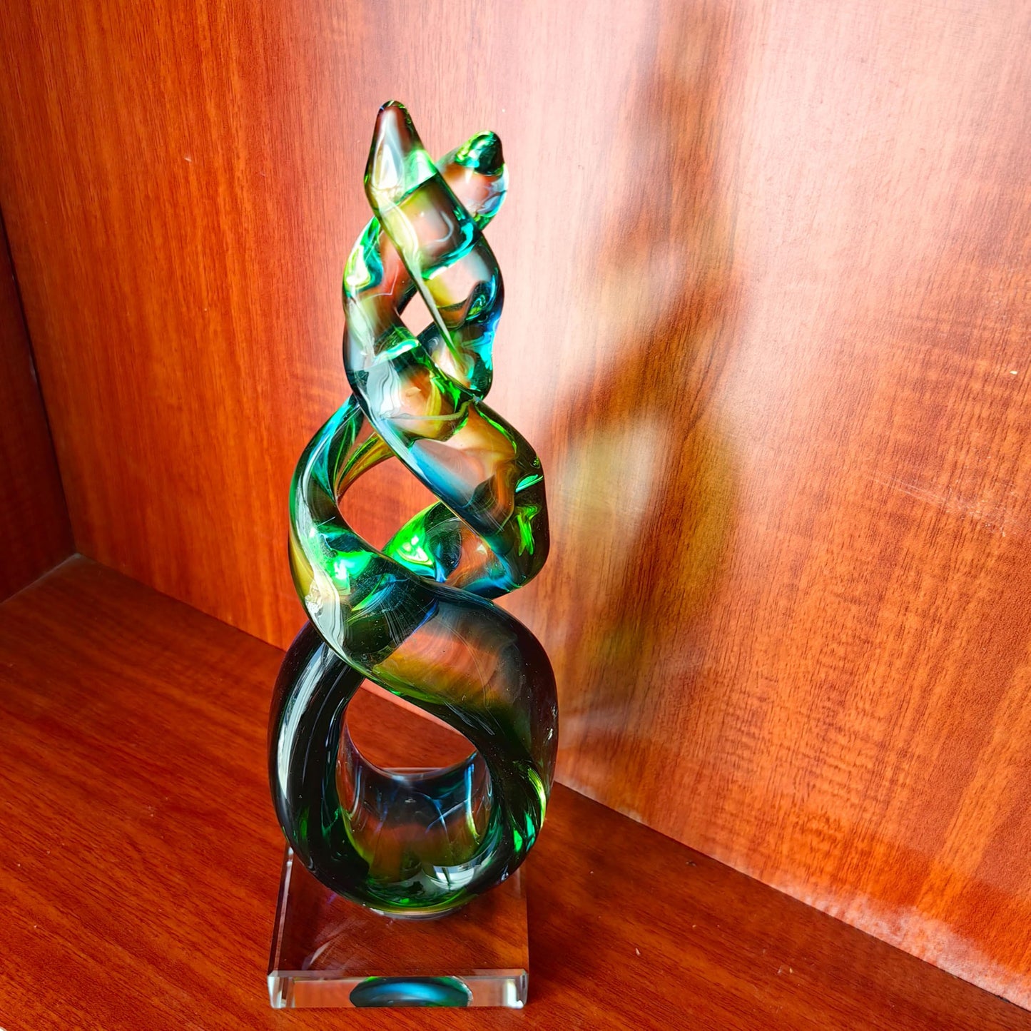 Yao Yuan Hand Blown Murano Glass Sculpture, Green and Blue Twisted Art Decor with Crystal Base, Home Decor, Outside Decor