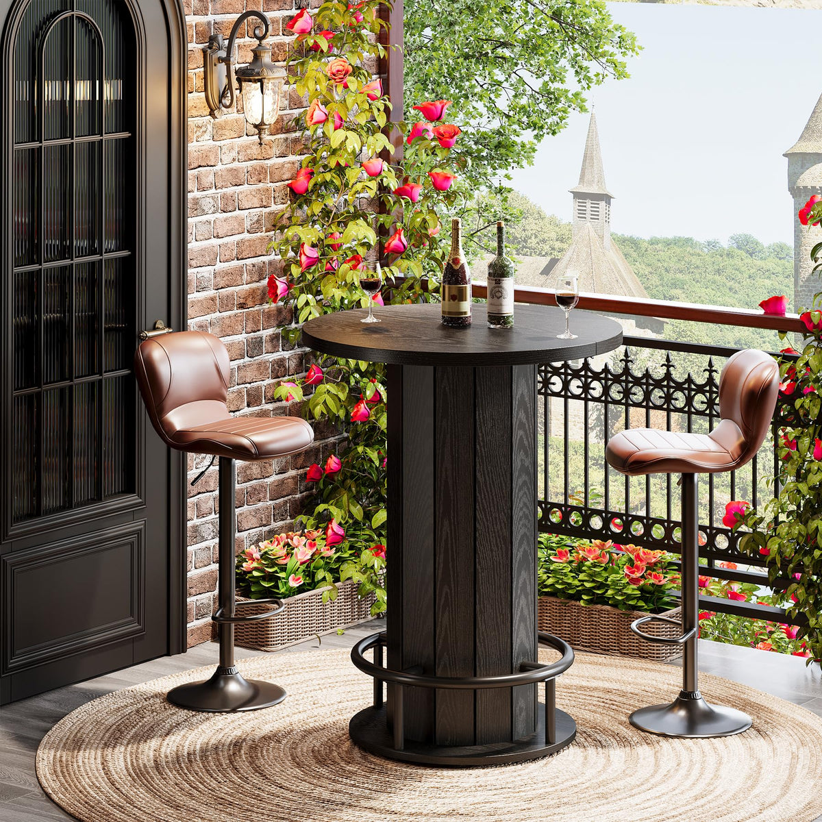 Tribesigns Round Bar Table, 39.4" H Wood Bistro Pub Table with Metal Ring Footrest for Dining Coffee Cocktail Living Room, Small Space, Black (Only Table)