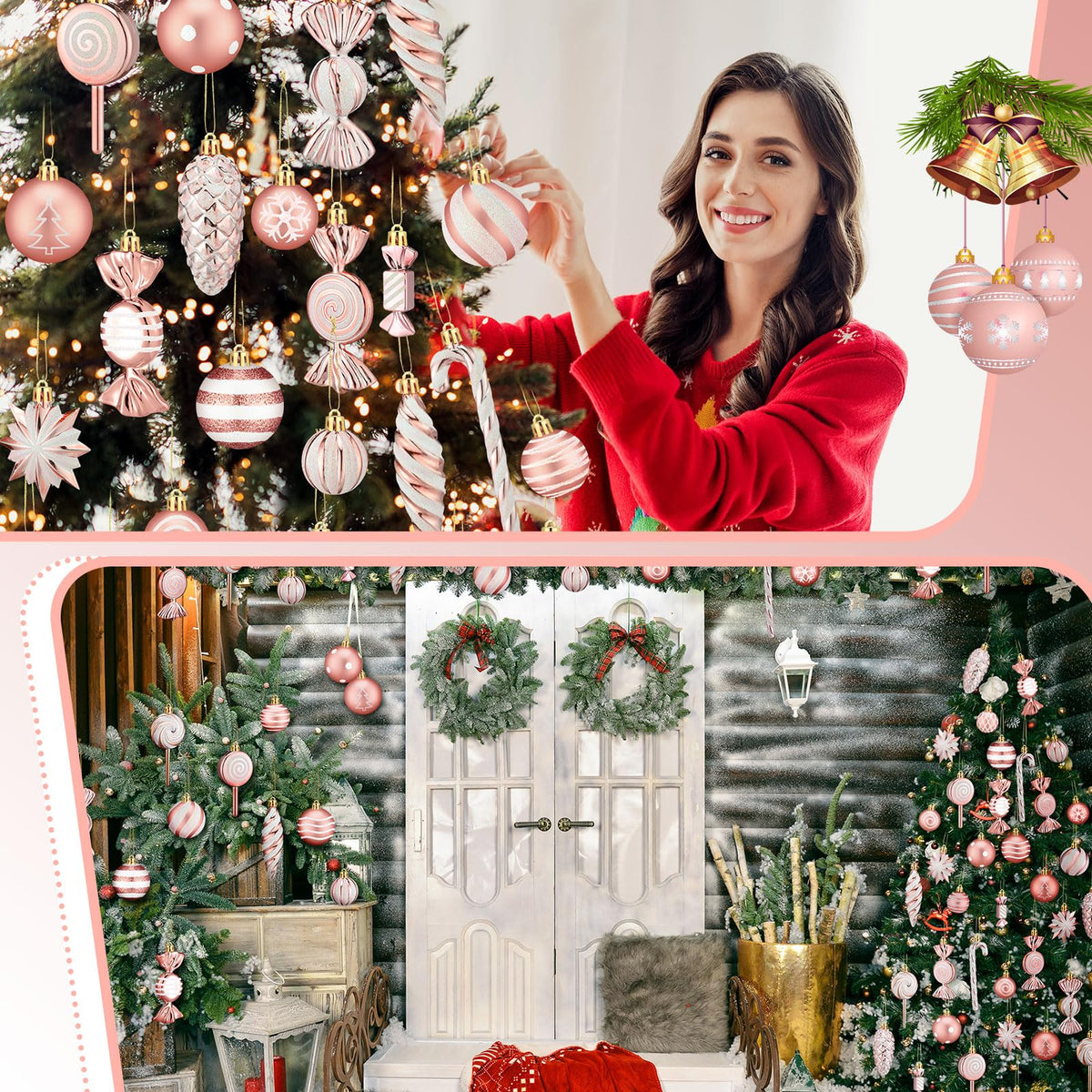 Knitgrip 50 Pcs Christmas Candy Cane Lollipop Ornaments Christmas Peppermint Candy Tree Balls Decorations with Rope Plastic Xmas Hanging Ornaments for Party Decor(Pink)
