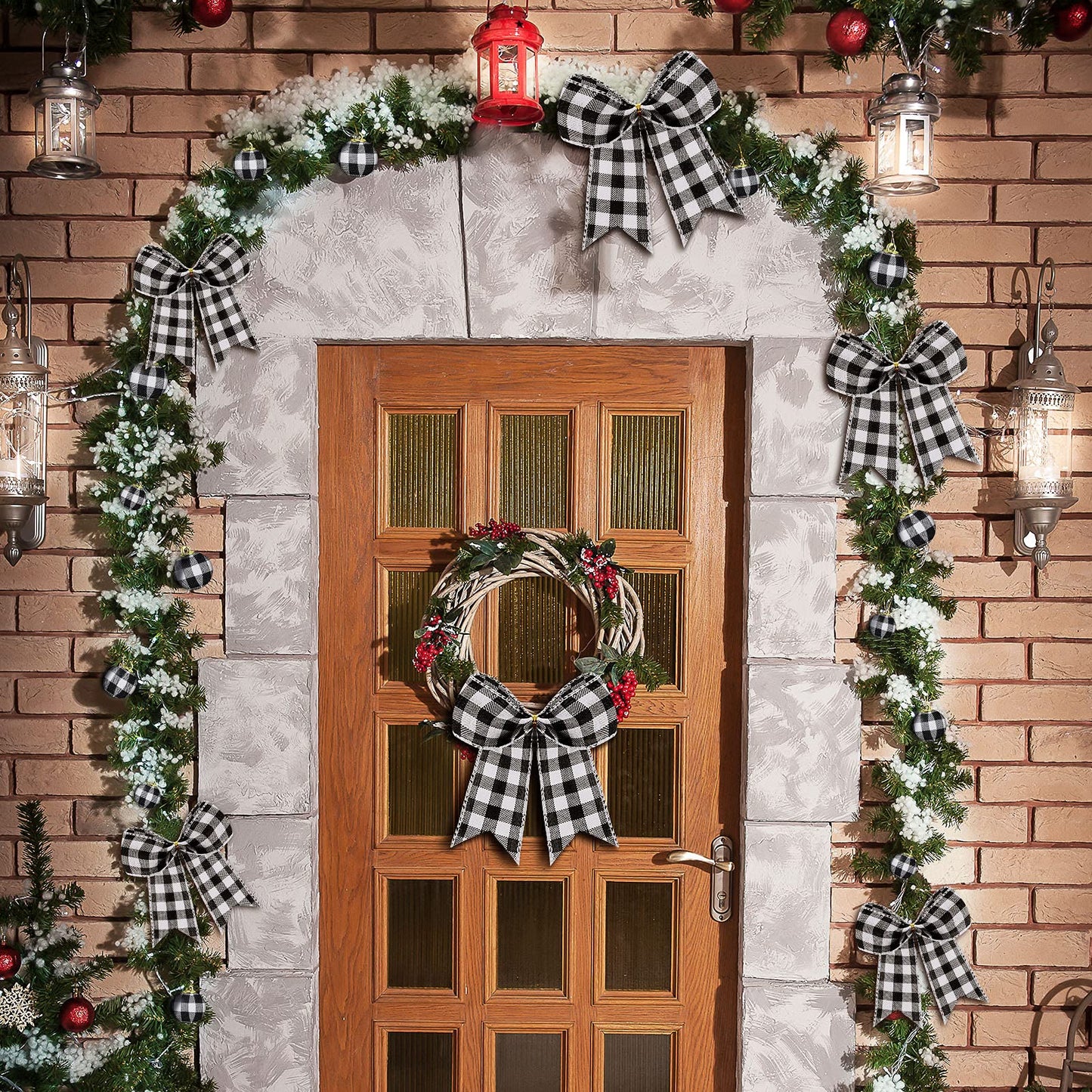 Chuangdi 36 Pcs Christmas Buffalo Plaid Ball Ornament and 12 Pcs Bow - Xmas Tree Hanging Decor for Holiday Farmhouse Party (Black and White, 5.9 Inch and 1 Inch)