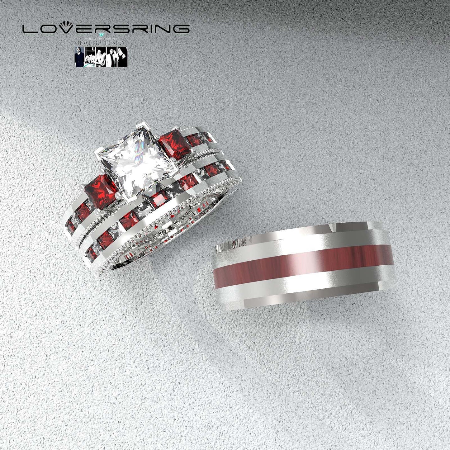 TWO RINGS Wedding Ring Sets His And Hers Promise Ring Couples Bridal Sets Women 925 Sterling Silver Red Ruby Man Titanium Brushed Finished Wedding Band