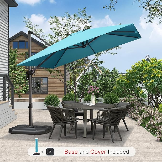 PURPLE LEAF 9'×9' Patio Umbrella with Base Outdoor Cantilever Umbrella with Cover Aluminum Square Offset Umbrella with 360-degree Rotation for Deck Pool Garden Turquoise Blue