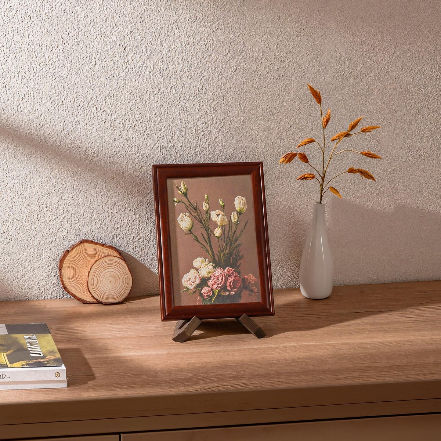ANBOXIT Plate Stand for Display - 3 Pack 4.5 Inch Holder, Wooden Picture Frame Easel, Decorative Table Top Brown