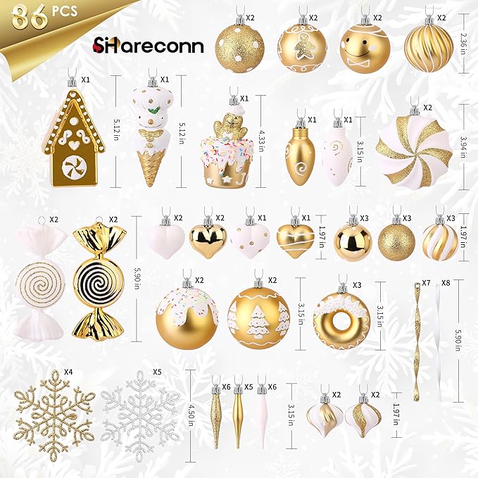 SHareconn 86pcs Christmas Tree Balls Ornaments, Shatterproof Plastic Decorative Baubles for Christmas Tree Decorations, Holiday Wedding Party Decoration, Festive Ornaments,White Gold