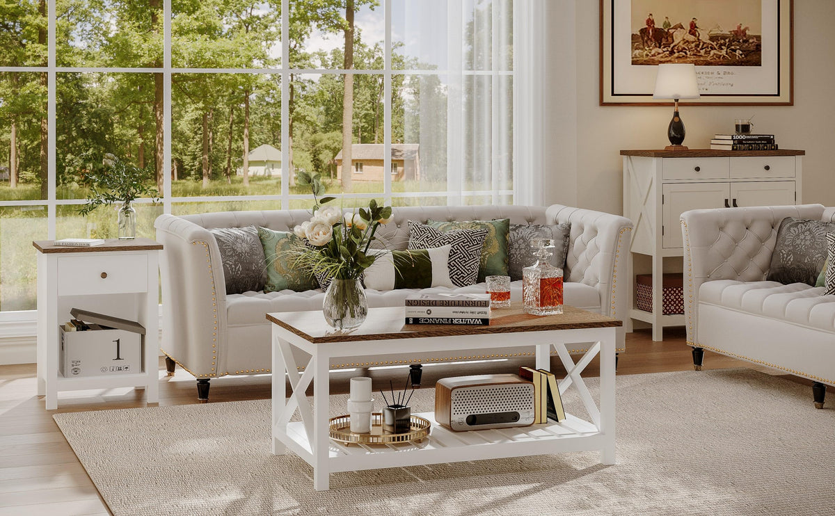 ChooChoo Farmhouse Nightstand with Charging Station, Wooden Top Bedside End Table with Drawer and Storage Space for Bedroom, White