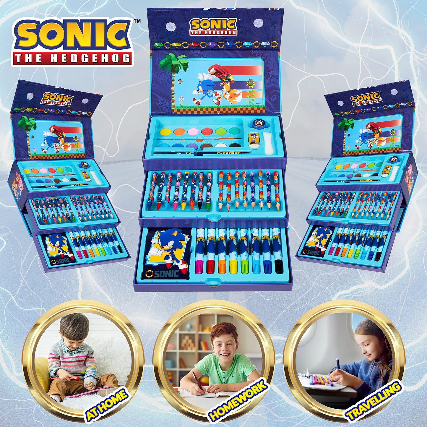 Sonic The Hedgehog Art Set for Girls Boys Colouring Sets for Children 40 Plus Pieces Travel Set Carrying Handle Painting Sets for Children Art Supplies Gifts for Boys