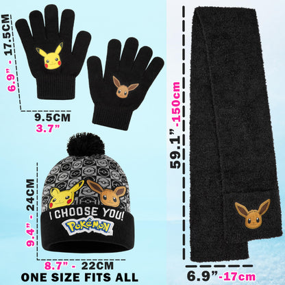 Pokemon Boys 3 Pcs Beanie, Gloves, and Scarf Set, Ages 5–12, Winter Accessories, Pikachu, Eevee, Cozy Gifts for Boys (6-14 Years, Black, 3 Pcs)