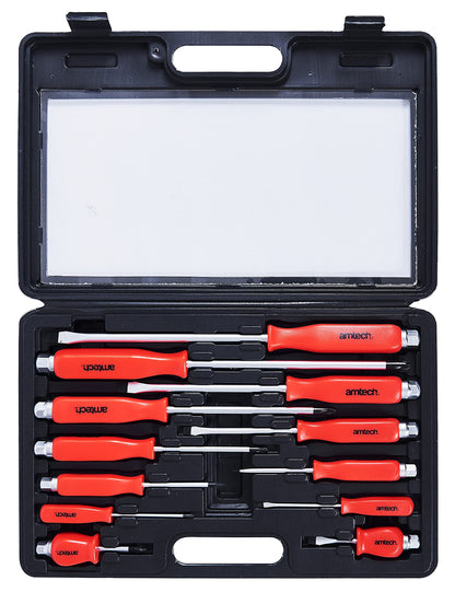 Amtech W5600 Mechanics Screwdriver Set Magnetic Tips, Steel Blade Flat Head Slotted and Phillips, Hex Bolsters use with Wrench or Socket