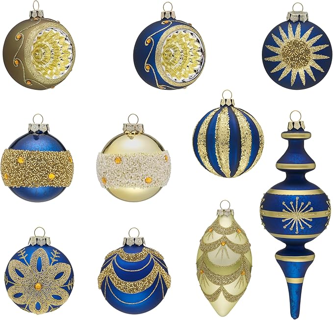 Valery Madelyn Glass Christmas Ornaments Set, 10ct Blue Gold Mercury Blown Glass Christmas Tree Ball Decorations, Luxury Hanging Teardrop Finial Faceted Reflector Decor