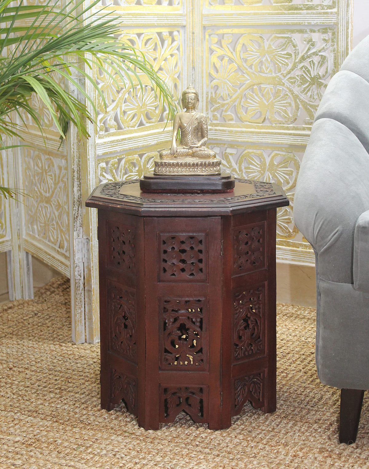 COTTON CRAFT Solid Wood Accent End Table - Hand Carved Vintage Boho Folding Side Table - Small Spaces Entryway Farmhouse Living Room Bedside - No Tools Assembly - 18x18 Octagon - Brown