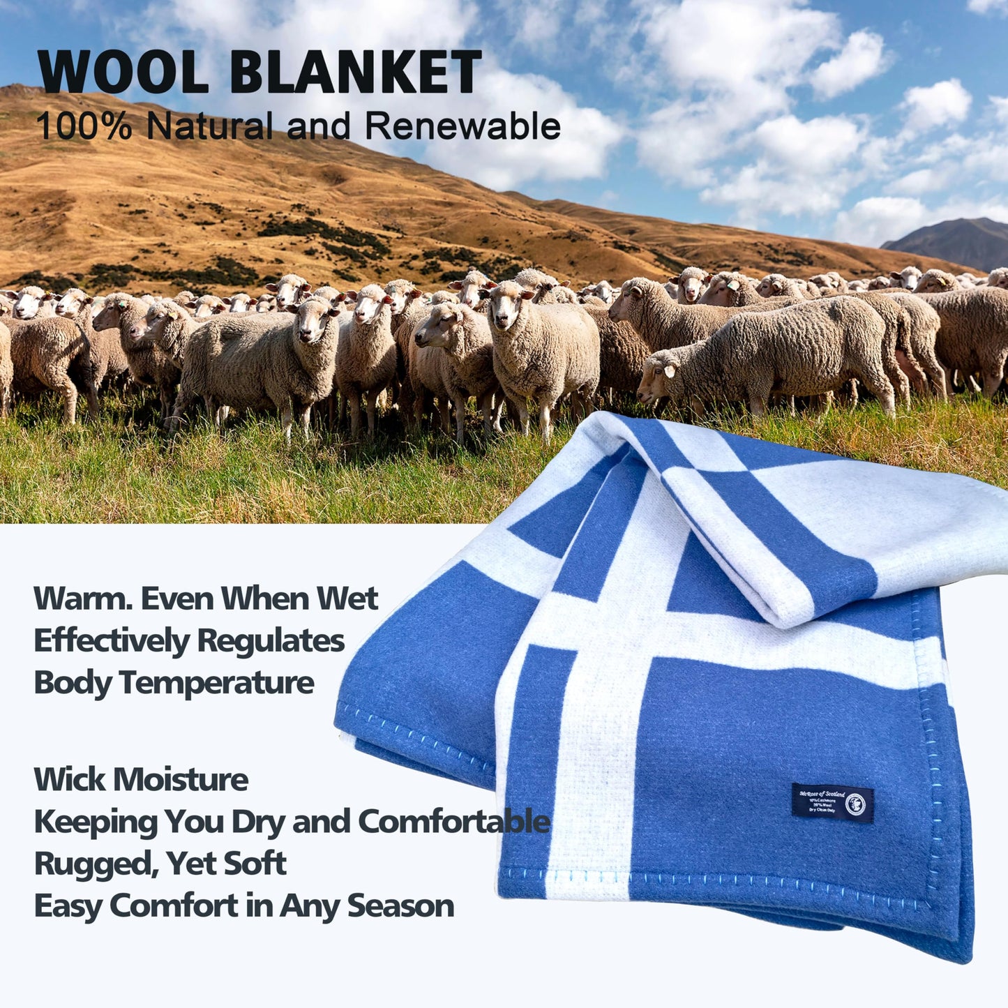 Wool Blanket & Throws 90% Wool Warm Blanket Soft Couch Blankets 75"x55" Twin Throw Blankets for Living Room, Camping, Outdoors, or Car Travel with Exquisite Box for Gift (Blue)