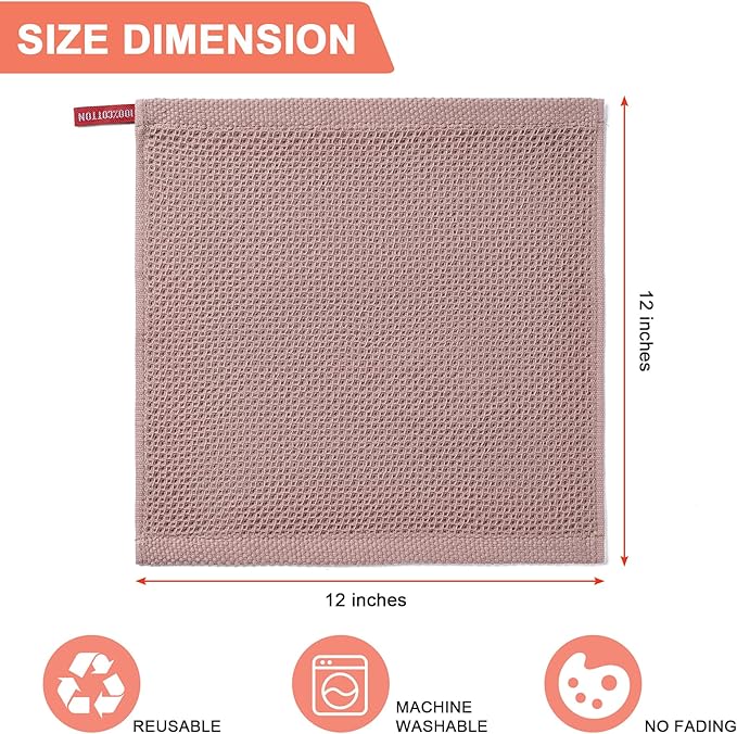 BOOMIBOO 6-Pack Kitchen Dish Cloths, 100% Cotton Waffle Weave, Ultra Soft