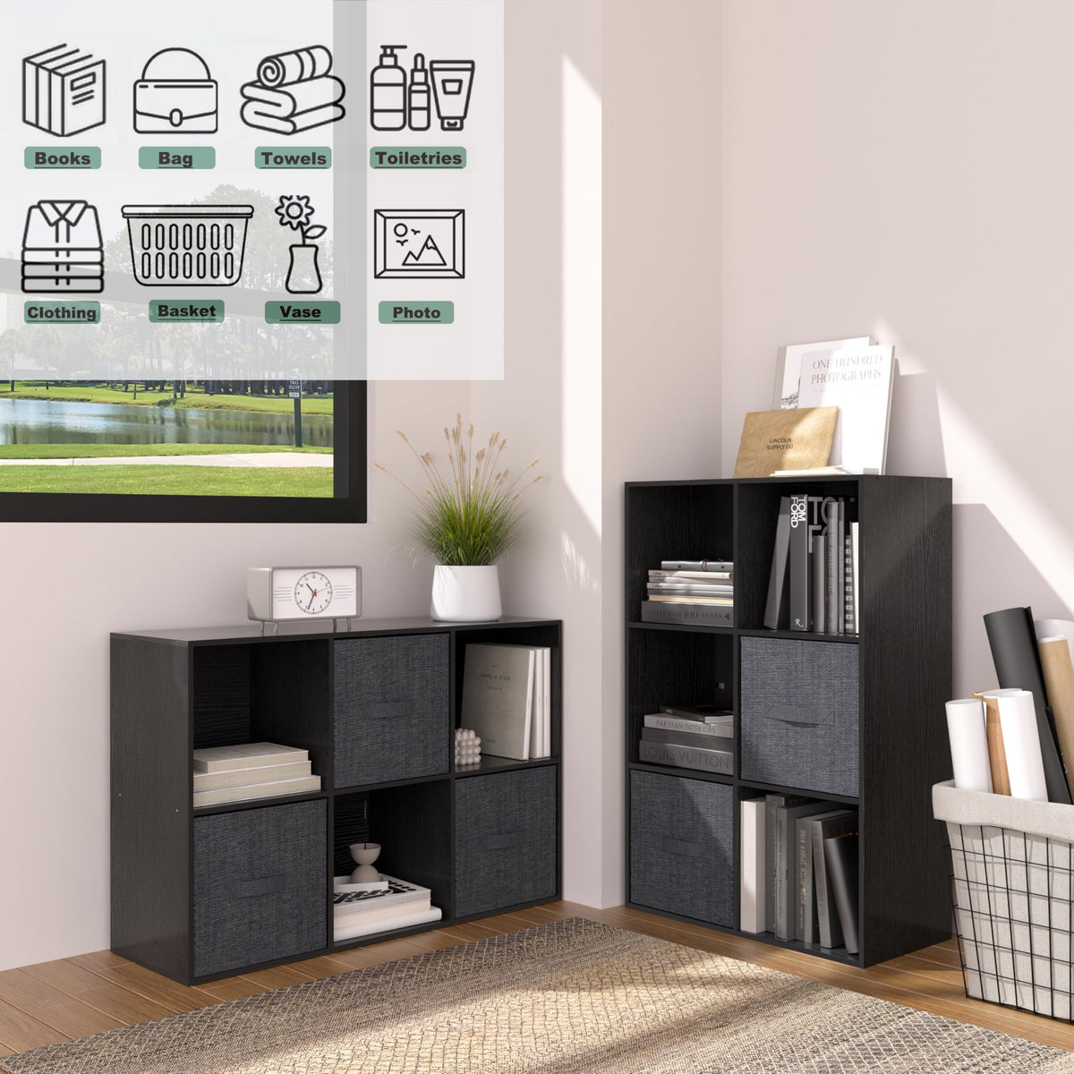VAFHYLLIS 6 Cube Bookshelf with Closed Back Panel, 13.5-inch Wooden Cubby Shelves Heavy Duty - Bookcase for Living Room, Home, Office (Black)