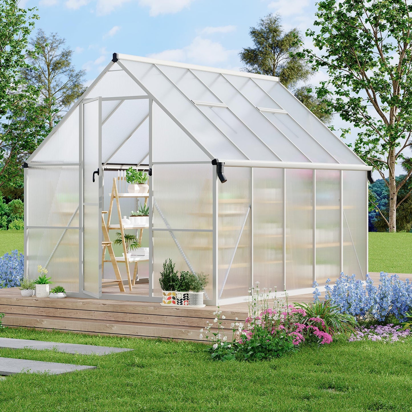 CABIHOME 8x10 FT Outdoor Greenhouse, Polycarbonate Greenhouse with Roof Vent and Ground Nails, Aluminum Large Walk-in Green House w/ Lockable Push Door for Outdoor Garden (Sliver, 8x10 FT)