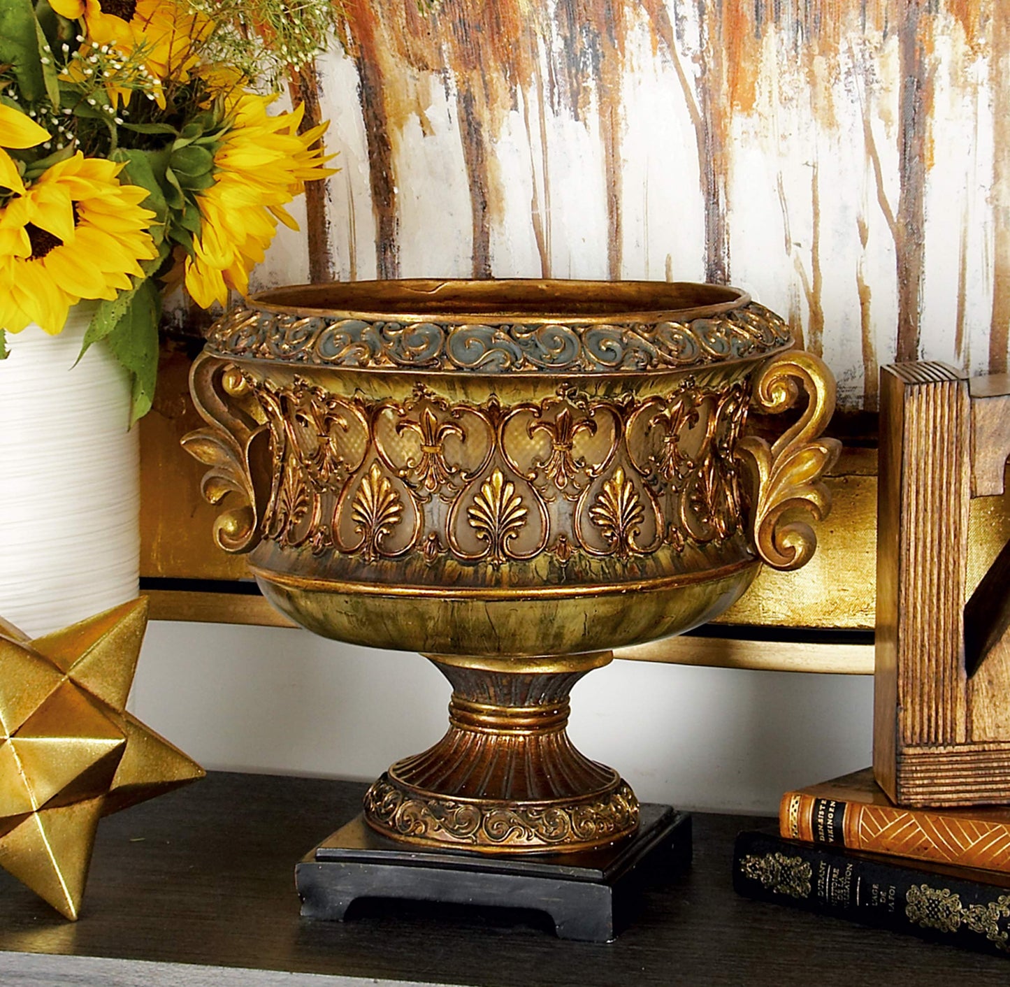 Deco 79 Polystone Decorative Decorative Bowl Ornate Decorative Container, Decorative Keepsake Box 15" x 10" x 13", Gold