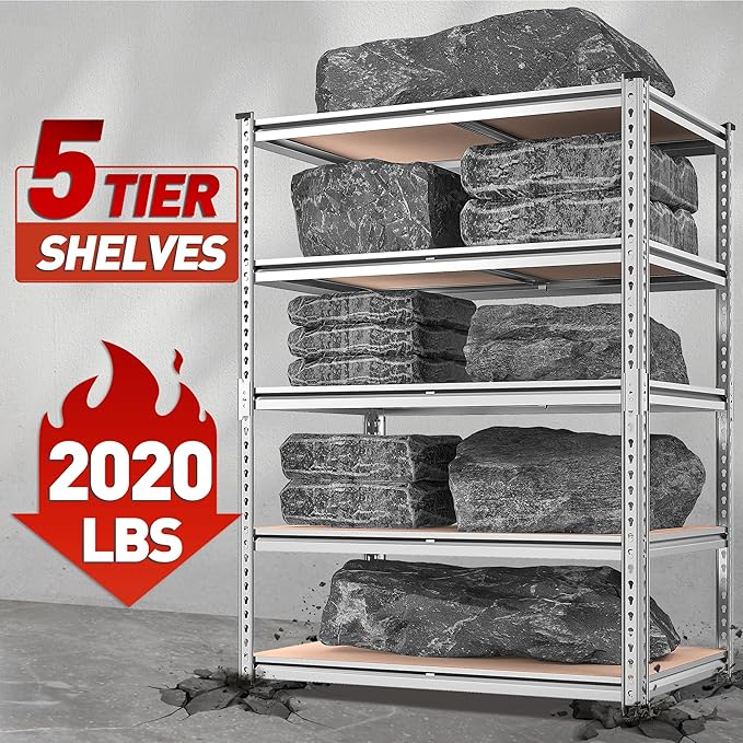 REIBII 2020LBS Garage Shelving Heavy Duty Metal Shelving 5 Tier Storage Shelves, Garage Shelves for Basement, Warehouse, Pantry, Closet, Kitchen, 72" H x 35.55" W x 16" D, Galvanized, 2 Pack