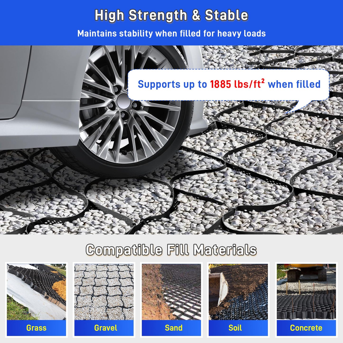 2" Depth Ground Grid, 49.5x6.5 FT Geo Gravel Grid Driveway 1885 lbs per Sq Ft Load, Geogrid Ground Stabilization System with Connection Buckles and Stakes for Driveways Walkway Slope Pathway & Garden