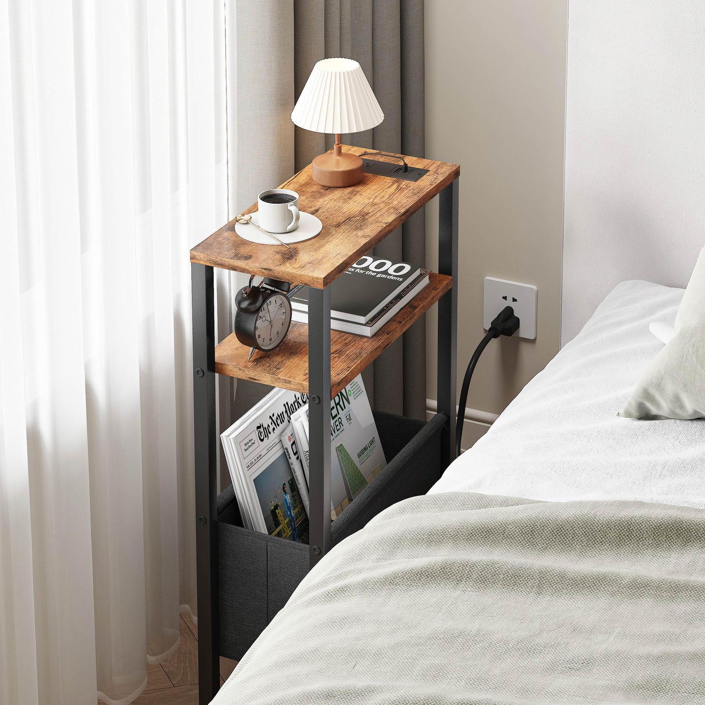 IRCPEN Narrow Side Table with Charging Station Slim End Table Sofa with Magazine Rack, Bedside Table for Small Spaces, 3 Tier Nightstand for Living Room Couch, Bedroom Rustic Brown LET503RE