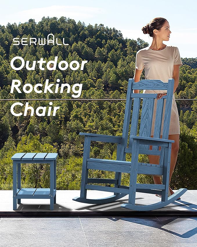 SERWALL Outdoor Rocking Chair Blue Set of 8, All Weather Patio Rocking Chair, HDPE Poly Rocking Chair for Adults, Heavy Duty Front Porch Rocker