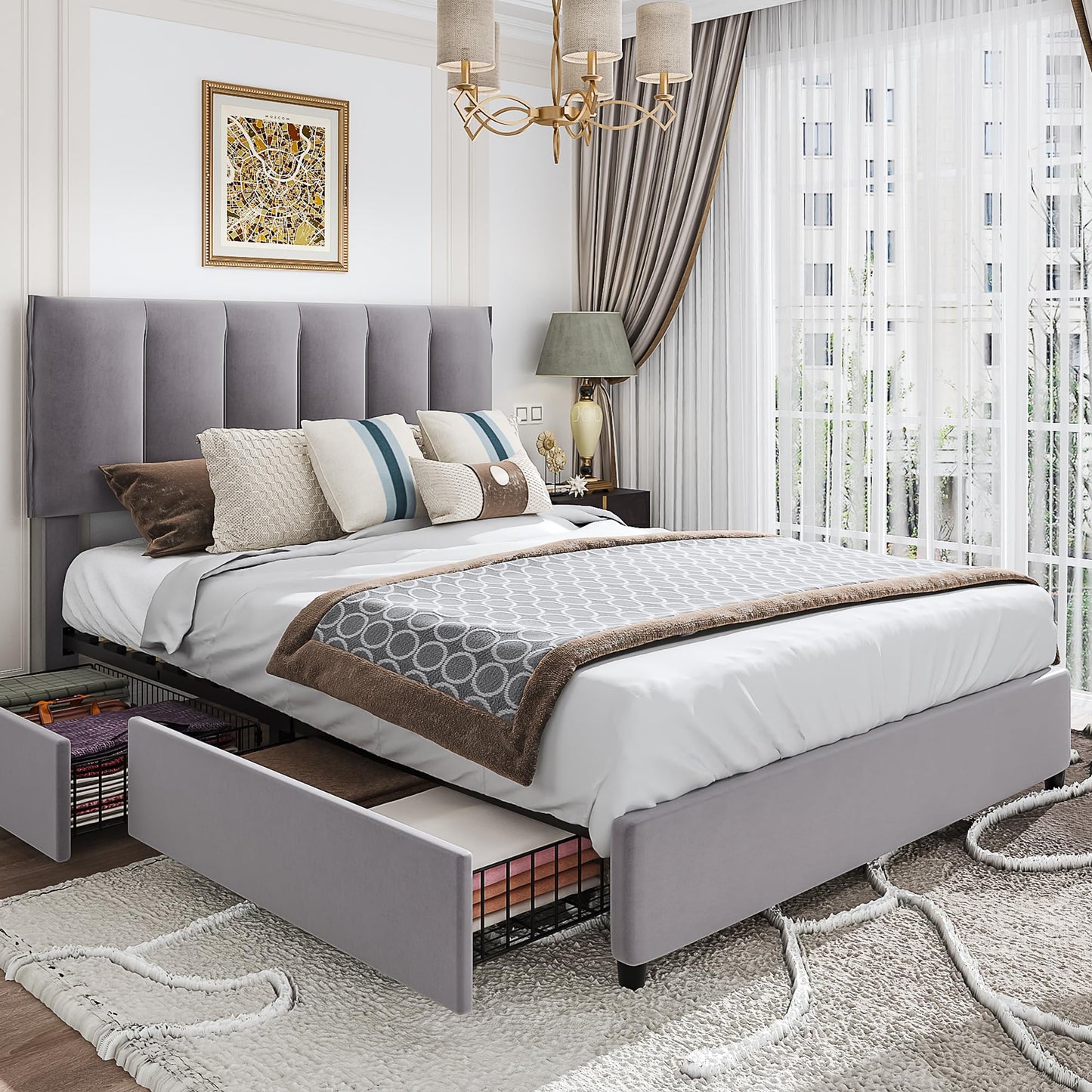 VECELO Full Size Bed Frame with 4 Storage Drawers, Adjustable Height Headboard, Heavy-Duty Platform Bedframe with Strong Wooden Slats, No Box Spring Needed, Dark Grey