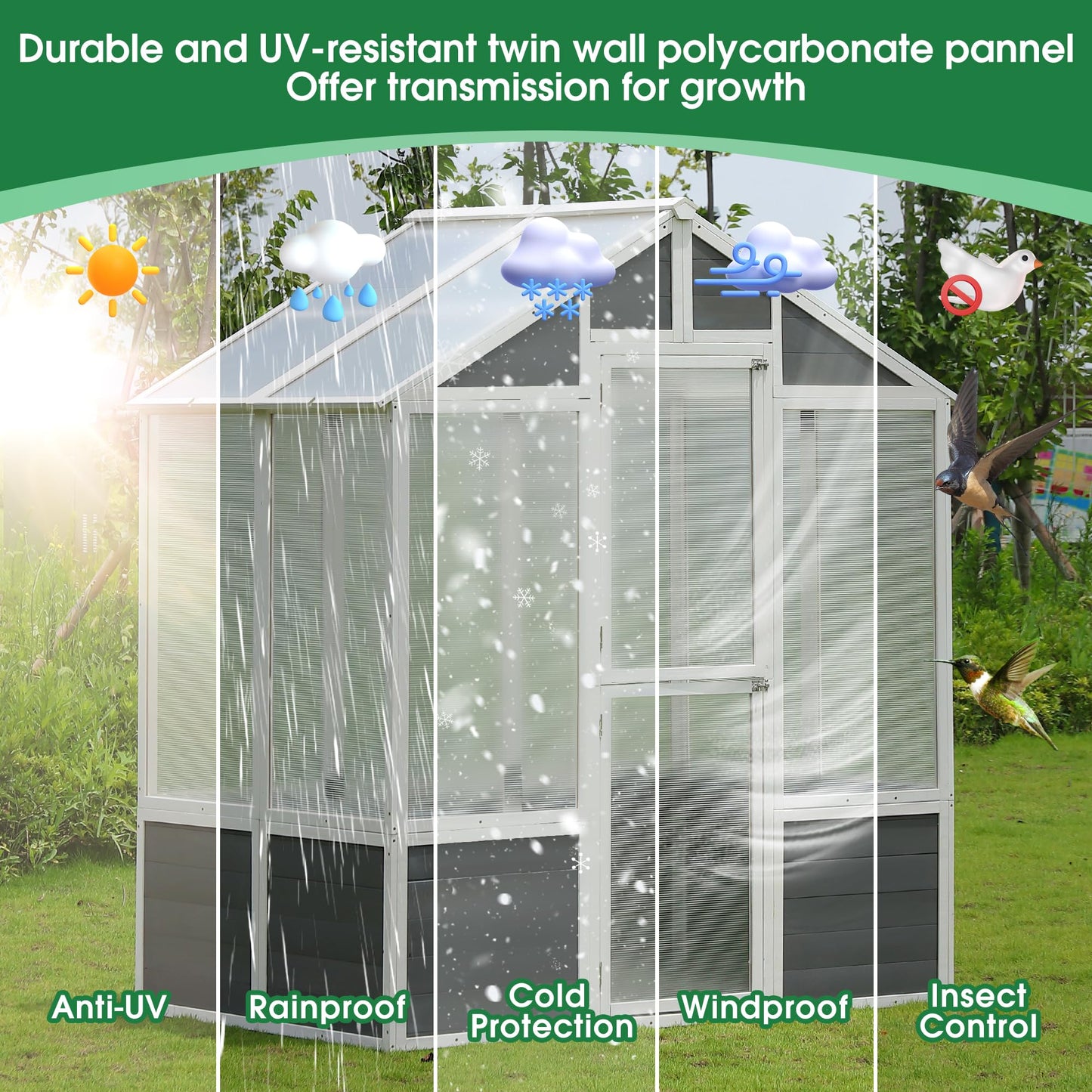 KEIKI 6.3 x 4 FT Wooden Polycarbonate Greenhouse with Front Entry Door, Walk-in Greenhouse Outdoor Garden Shed for Plants, Solid Pine Wood Frame & Polycarbonate Panels for Garden, Backyard, Patio