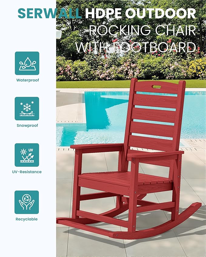 SERWALL Outdoor Rocking Chair Set of 2, Oversized Rocking Chair with Footboard for Adults, HDPE All Weather Resistant Rocking Chairs for Patio, 350lbs Weight Capacity,Red