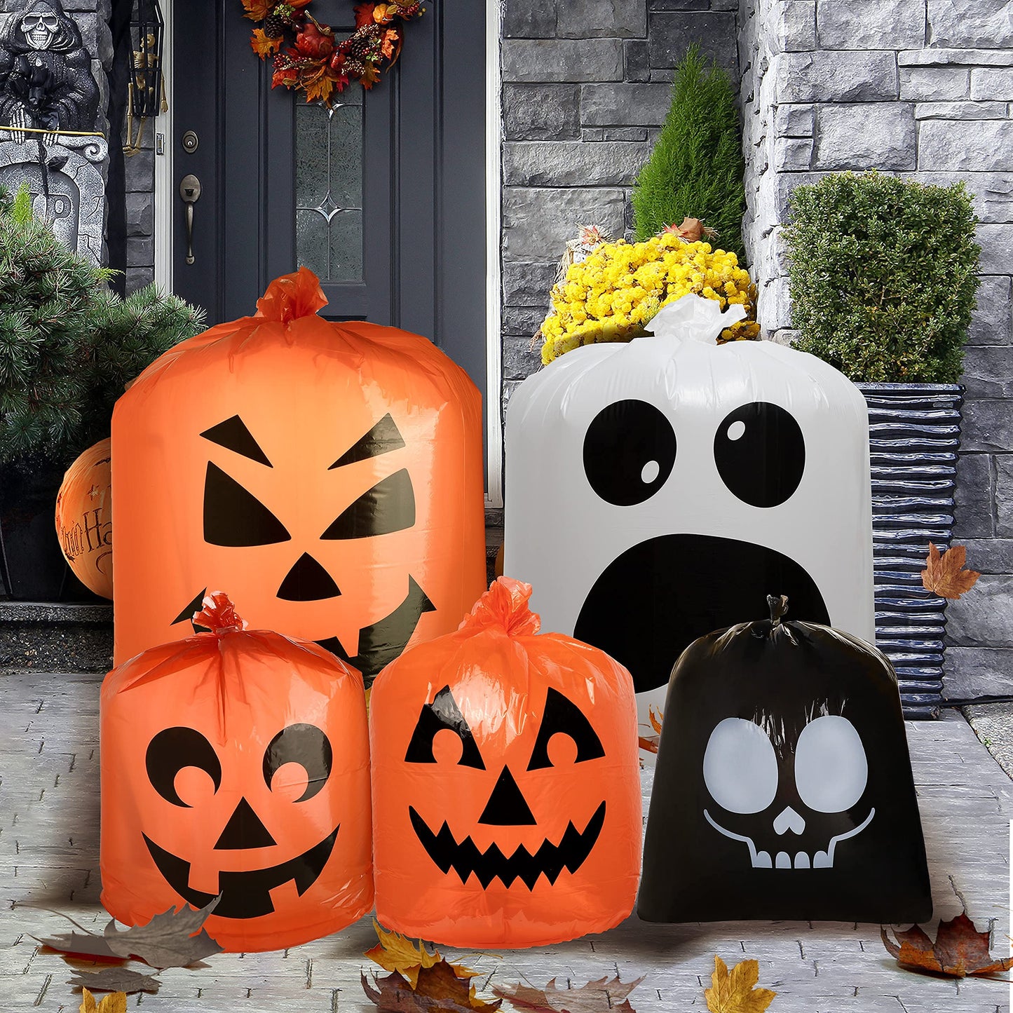 JOYIN 6 Pcs Halloween Leaf Bags, Pumpkin Leaf Lawn Bags for Yard Fall Leaf Outdoor Decorations, Plastic Resuable Jack o' Lantern Trash Bag for Halloween Decor Party Favors, Party Supplies