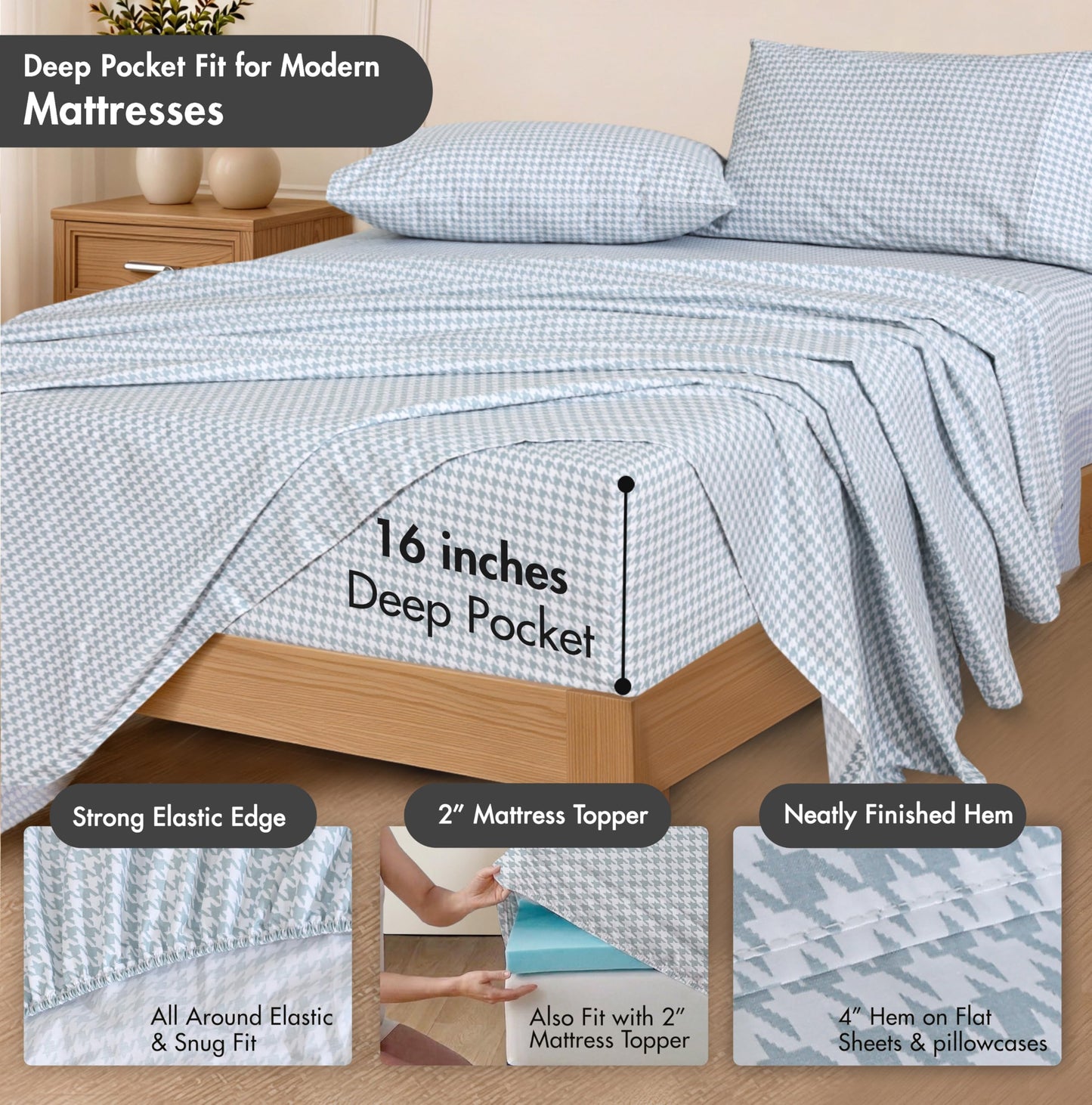 RUVANTI 100% Cotton Percale Sheets Queen Size – Crisp Cooling Bed Sheets for Hot Sleepers, Deep Pocket 16”, Soft Breathable & Durable Hotel-Style 4 Piece Set, Houndstooth