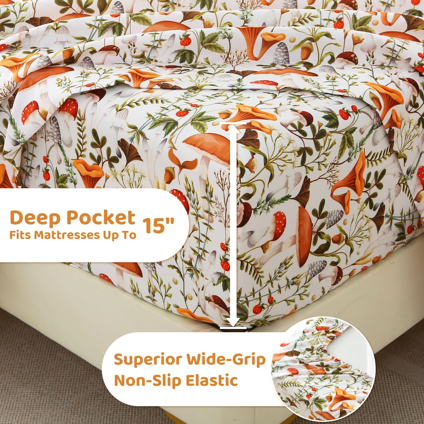 Mooreeke Cozy Vintage Microfiber Printed Twin Sheet Set - Soft & Breathable Mushroom Forest Bed Sheets with Extra Deep Pocket - Non-Slip Fitted Design - Jungle Mushroom Leaves Pattern - Twin