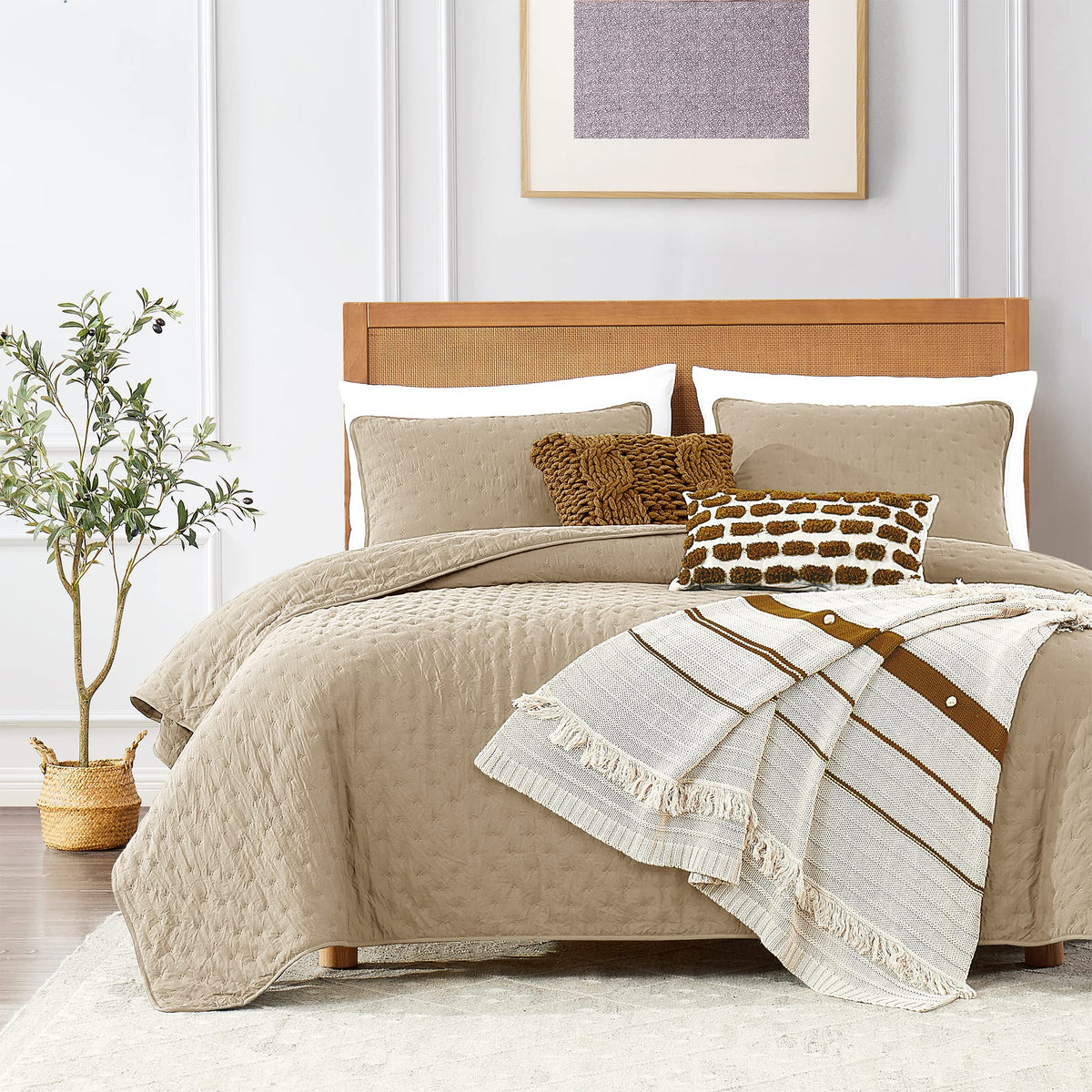 ROARINGWILD Beige Cloud Queen Size Quilt Bedding Sets with Pillow Shams, Farmhouse Lightweight Soft Bedspread Coverlet, All Season Rustic Country Thin Comforter, 3 Pieces, 90x90 inches, Tan Cream