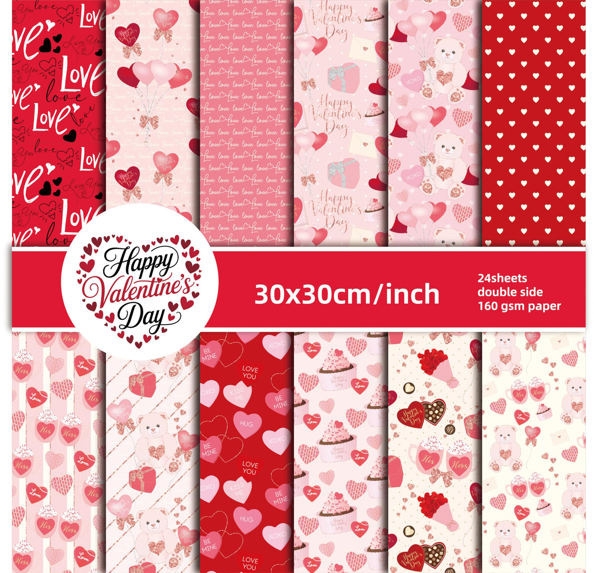 Valentine's Day Scrapbook Paper Pad Pink Red Love Heart Patterned Paper 12×12，24 Sheets Scrapbook CardStock Papers Pad for Holiday Cardmaking DIY Origami Decorative Craft Papers.