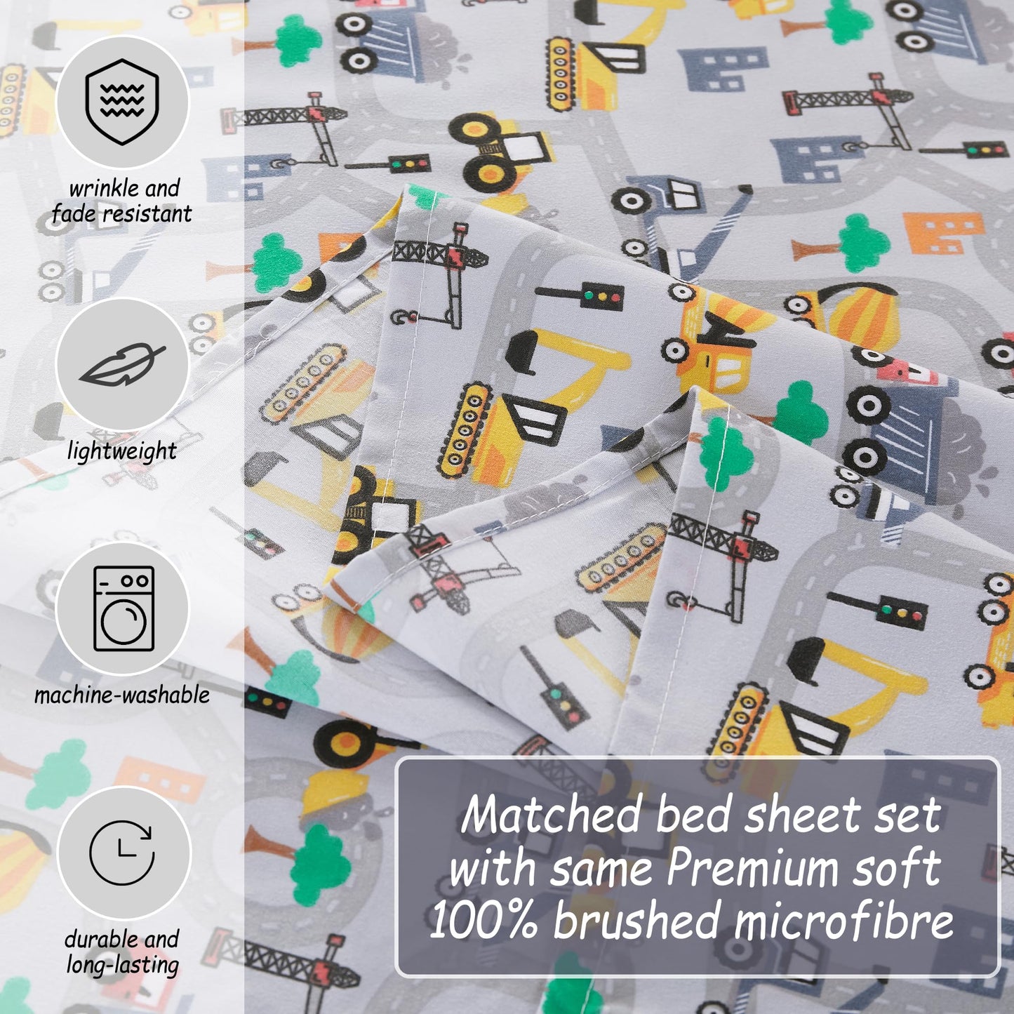 Softan Kids Bed Sheet Set, 3-Piece Twin Sheets Set, Microfiber Fitted Sheet with 15 Inches Deep Pocket and Corner Straps, Breathable & Silky Soft Excavator Pattern Sheet and Pillowcase Sets