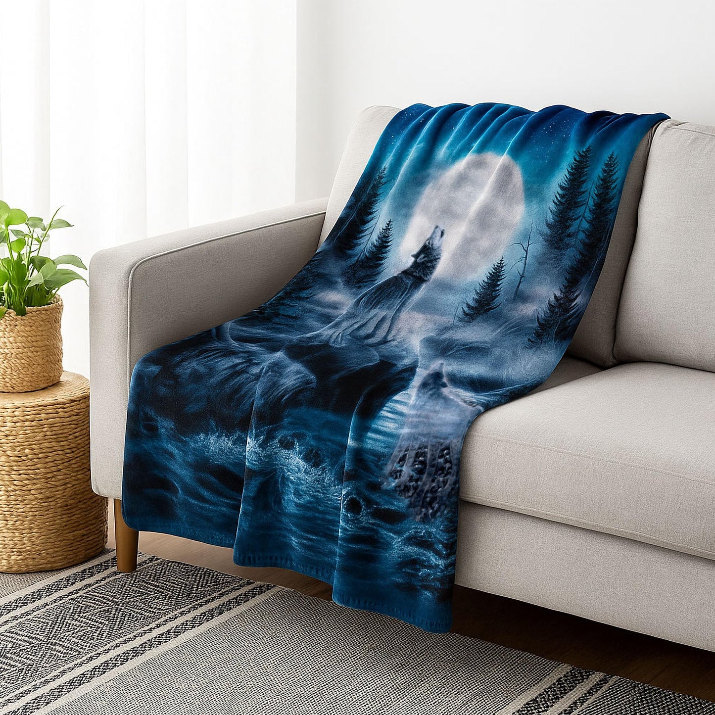 Wolf Blanket - 80x92-Inch Printed Howling Wolf Moon Blanket - Plush Thick 8lb Faux Mink Queen Throw for Couches, Sofas, or Beds by Lavish Home (Blue)