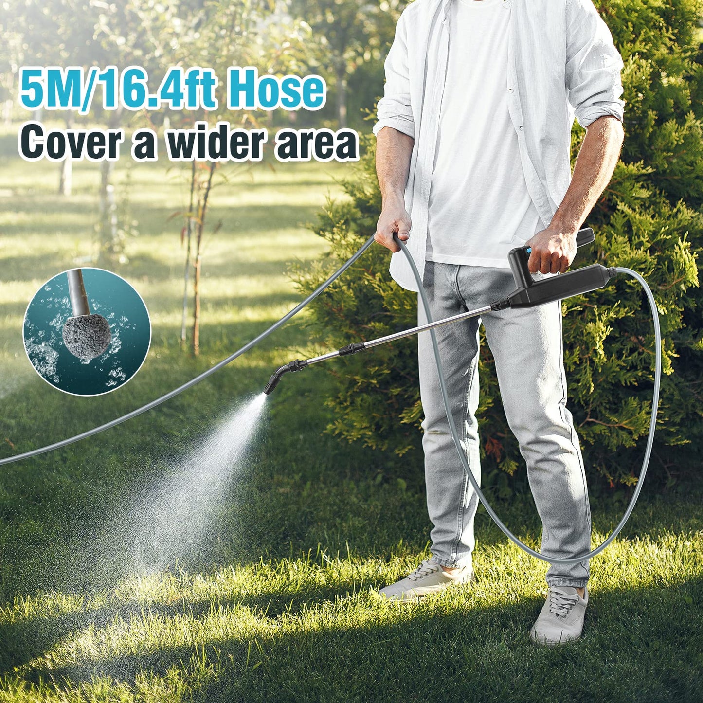 SideKing Battery Powered Sprayer Wand, 23.6inch Electric Sprayer Telescopic Watering Wand with 16.4FT Hose, Rechargeable and Portable Spray Wand for Gardening (3 Nozzles)