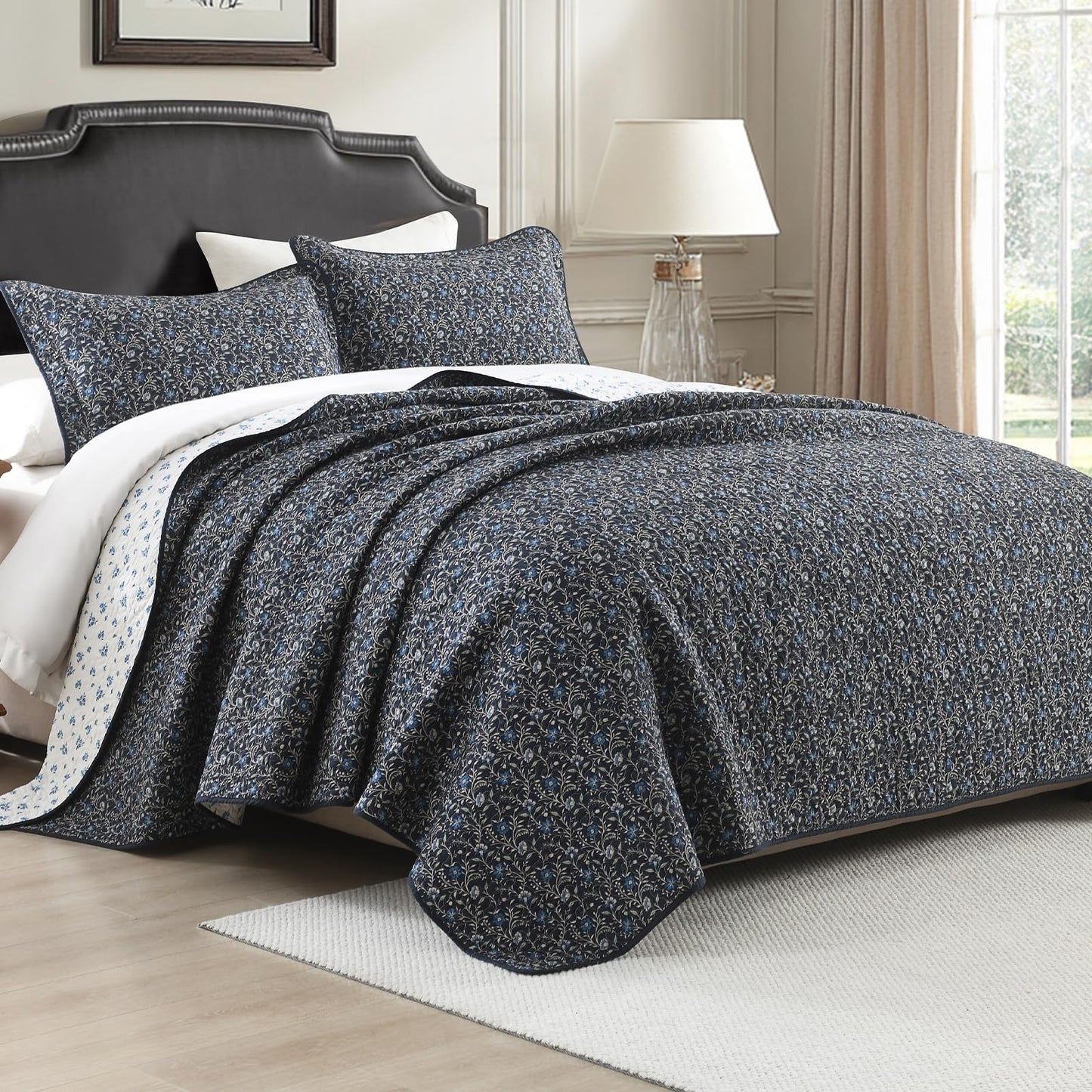 DDUOXIN Botanical Queen Quilt Set - 100% Cotton Reversible Plant Floral Quilts with 2 Pillow Shams, Curling Leaves Lightweight Bedspread Bedroom Bedding for All Seasons, Navy Blue/Blueberry/Bluesteel