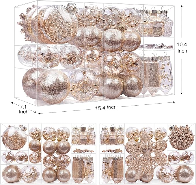 SHareconn 86PCS Christmas Tree Ornaments Clear Set,Shatterproof and Clear Plastic Baubles for Xmas Tree Decor, Holiday Wedding Party Decoration,Champagne